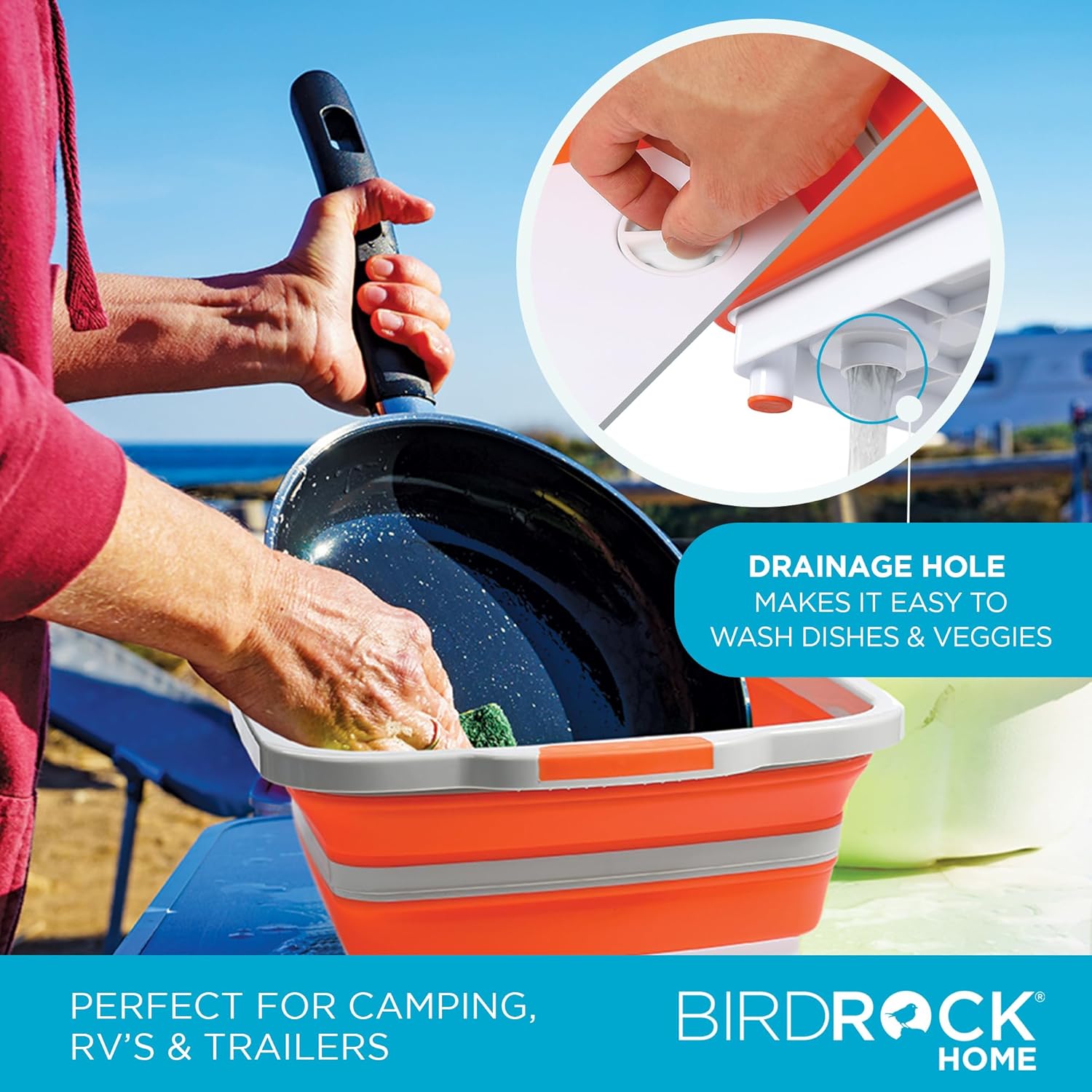 BIRDROCK HOME Collapsible Large BBQ Prep Tub w Cutting Board, Multi-Function Grill Caddy w Colander & Lid, Portable Silicone Dish Bowl for Picnic, Tailgate, Camping - Orange9