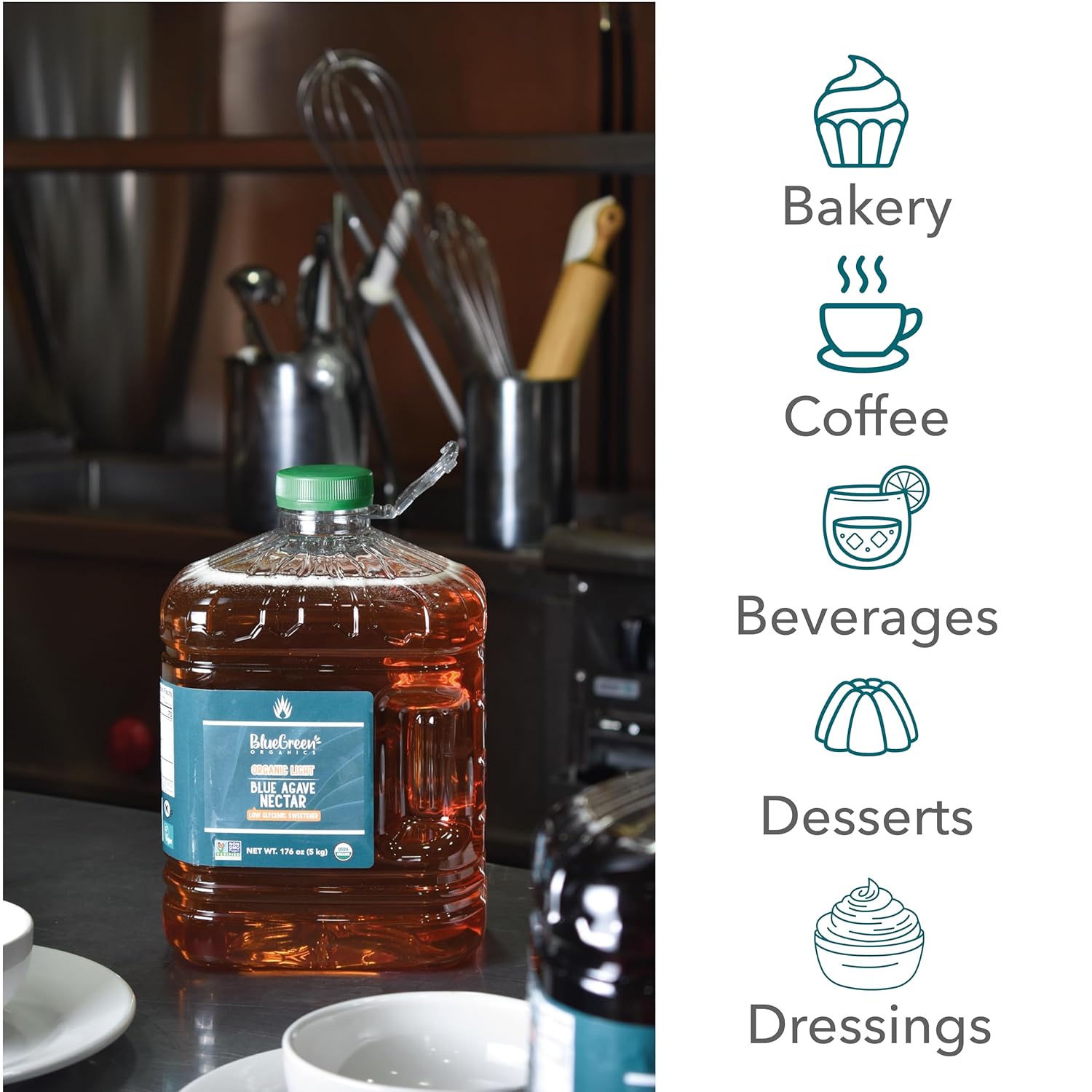 BLUE GREEN ORGANICS, Agave syrup, Agave gallon, Agave, Gluten Free, Organic, Sweetener, teas, coffees, pancakes or any baked good, Family-friendly, Sugar substitute,176 Oz (176 Oz, Raw)8