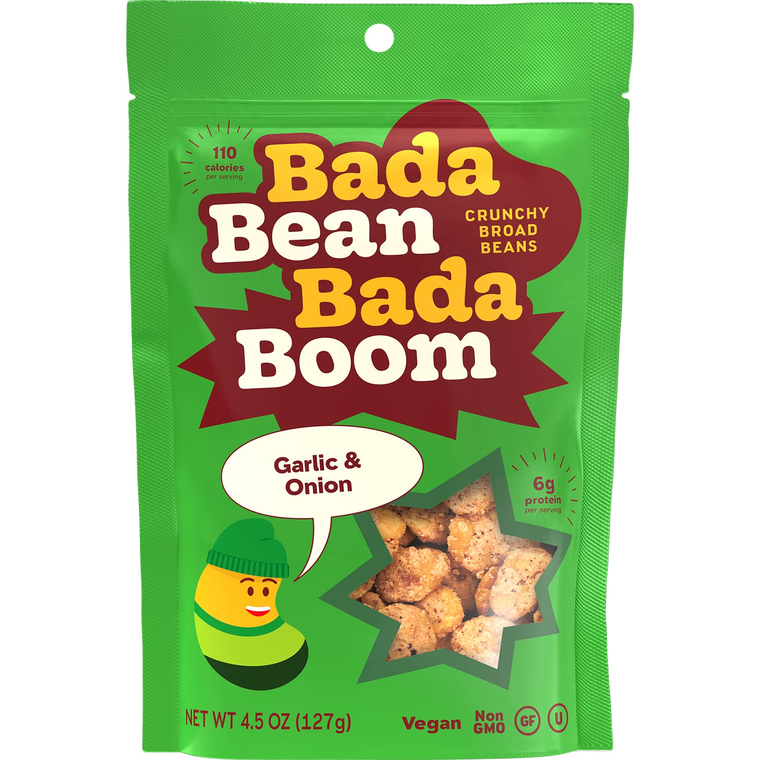 Bada Bean Bada Boom - Plant-Based Protein, Gluten Free, Vegan, Crunchy Roasted Broad (Fava) Bean Snacks, 110 Calories per Serving, Garlic & Onion, 4.5 oz, 6 Pack Bada Bean Bada Boom - Plant-Based Protein, Gluten Free, Vegan, Crunchy Roasted Broad (Fava) Bean Snacks, 110 Calories per Serving, Garlic & Onion, 4.5 oz, 6 Pack