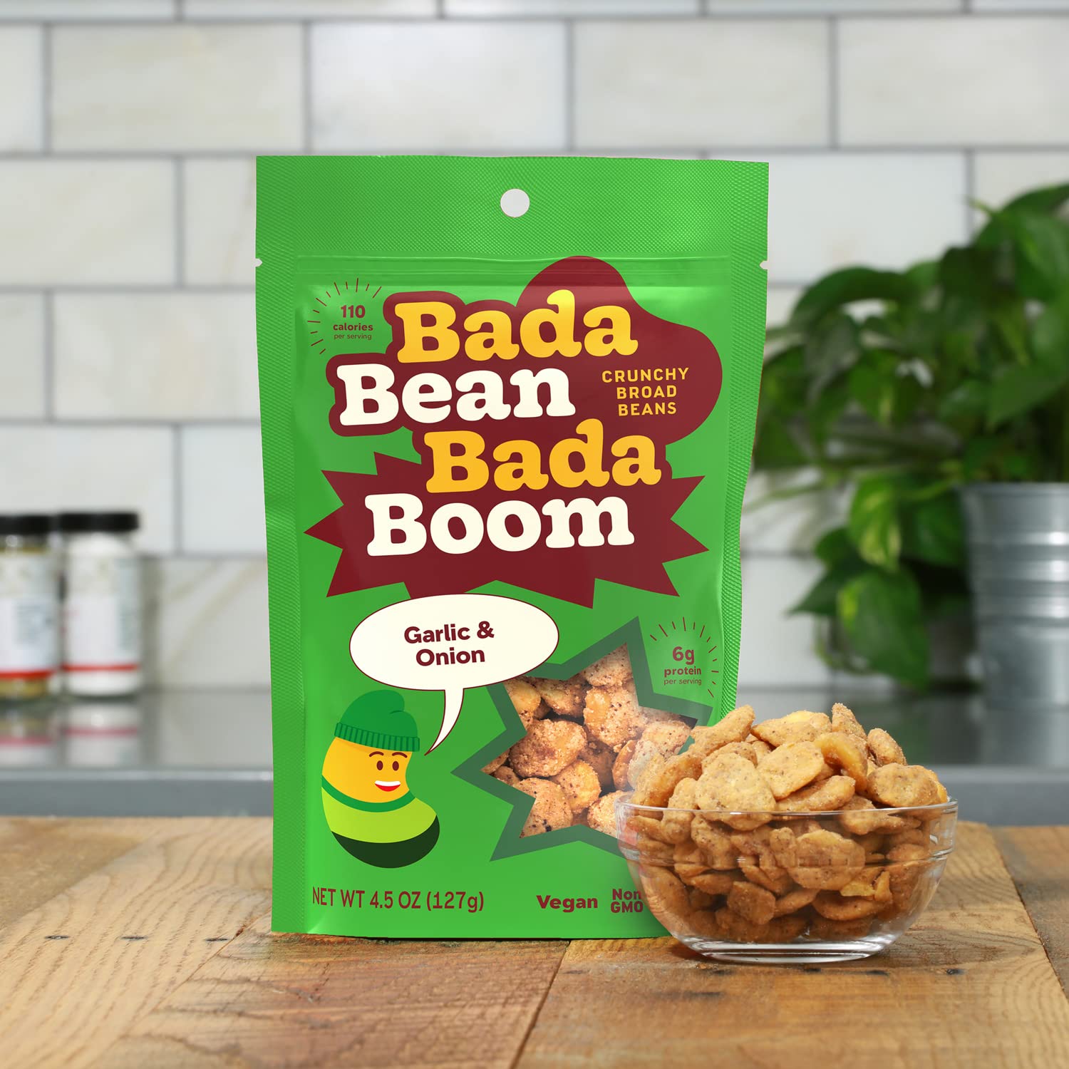 Bada Bean Bada Boom - Plant-Based Protein, Gluten Free, Vegan, Crunchy Roasted Broad (Fava) Bean Snacks, 110 Calories per Serving, Garlic & Onion, 4.5 oz, 6 Pack1
