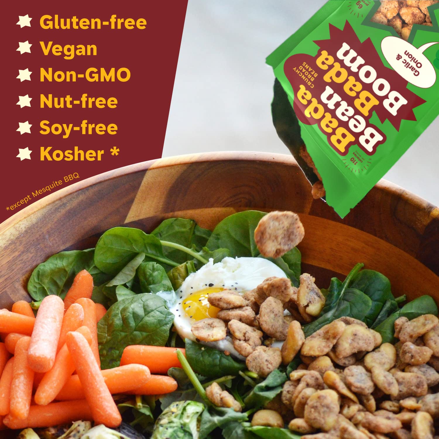Bada Bean Bada Boom - Plant-Based Protein, Gluten Free, Vegan, Crunchy Roasted Broad (Fava) Bean Snacks, 110 Calories per Serving, Garlic & Onion, 4.5 oz, 6 Pack4