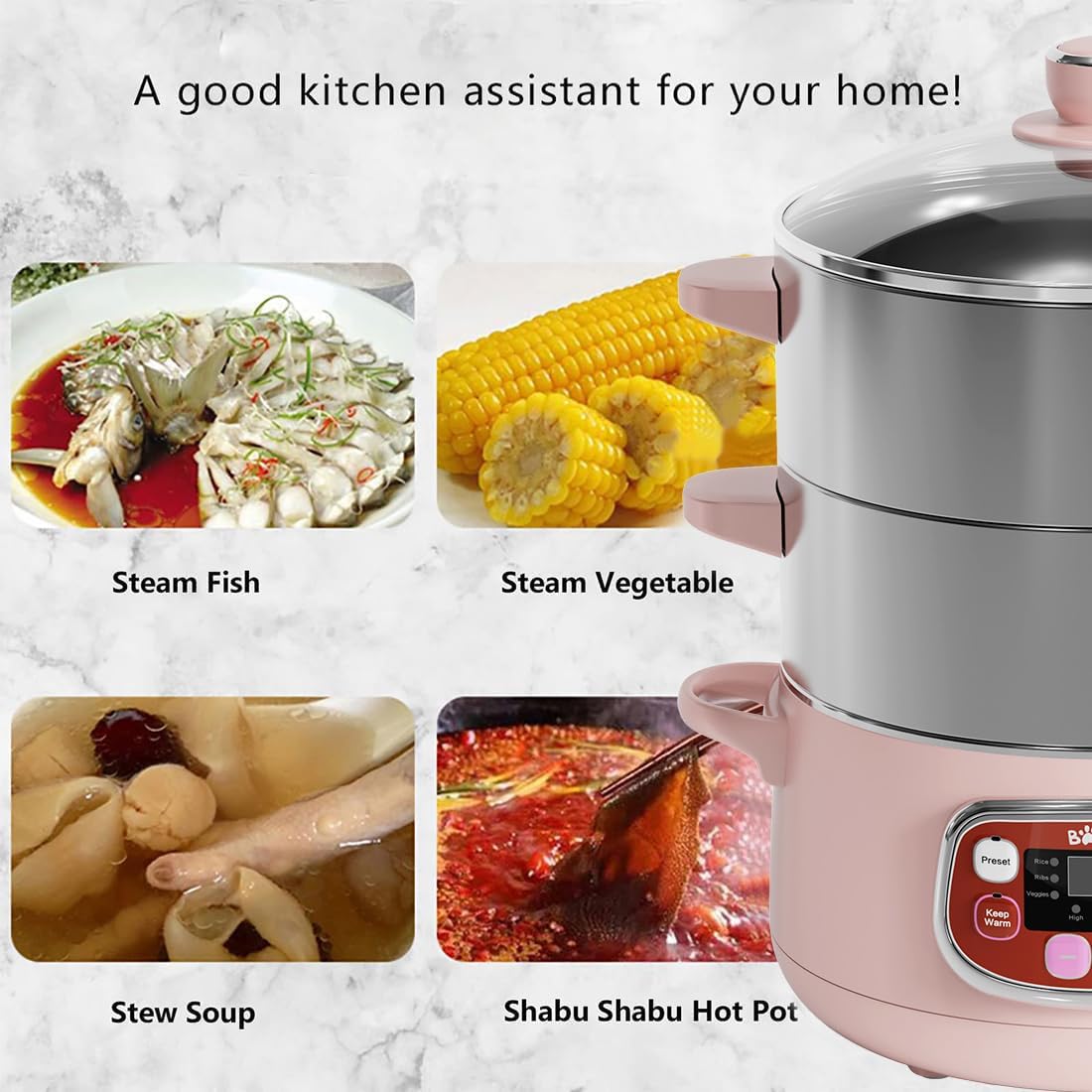 Bear Electric Food Steamer,Stainless Steel Digital Steamer, 3 tier 8L Large Capacity Vegetable Steamer, Auto Shut-off & Anti-dry Protection, DZG-A80A2,1200W1