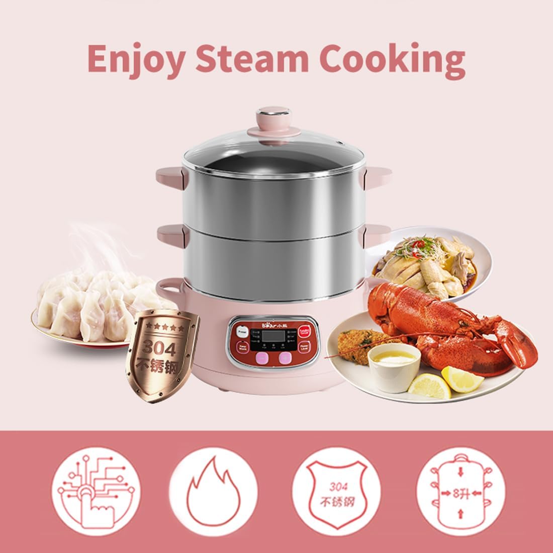 Bear Electric Food Steamer,Stainless Steel Digital Steamer, 3 tier 8L Large Capacity Vegetable Steamer, Auto Shut-off & Anti-dry Protection, DZG-A80A2,1200W4