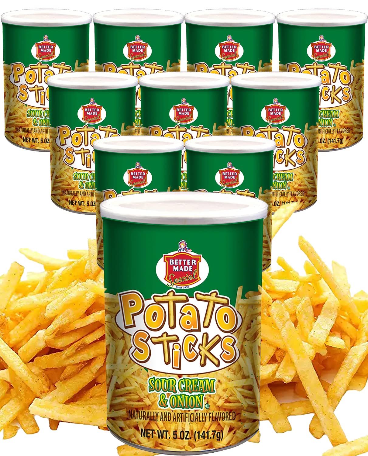 Better Made Potato Sticks 5oz Canister- (Sour Cream & Onion, 12 Can Tray) - Shoestring Potato Sticks - Gluten Free - Crunchy, Crispy Snack from Fresh Potatoes - Resealable Lid1