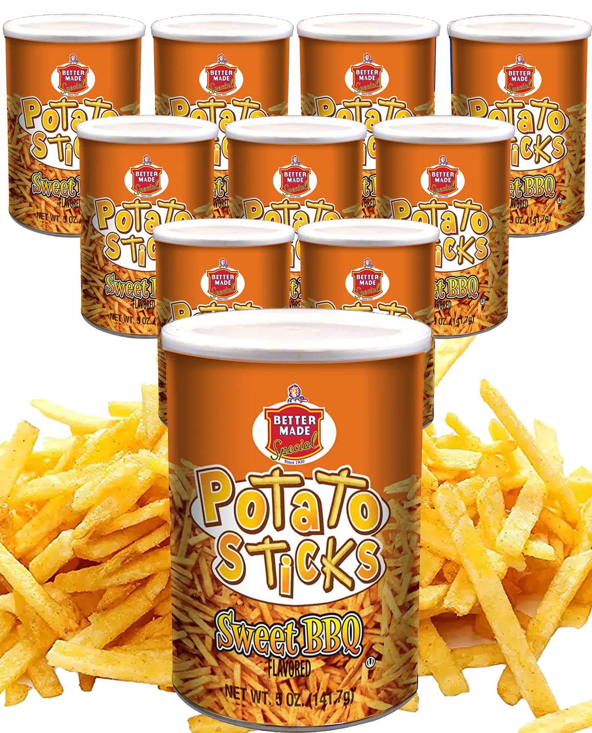 Better Made Potato Sticks 5oz Canister - (Sweet BBQ, 12 Can Tray) Shoestring Potato Sticks - Gluten Free - Crunchy, Crispy Snack from Fresh Potatoes - Resealable Lid1