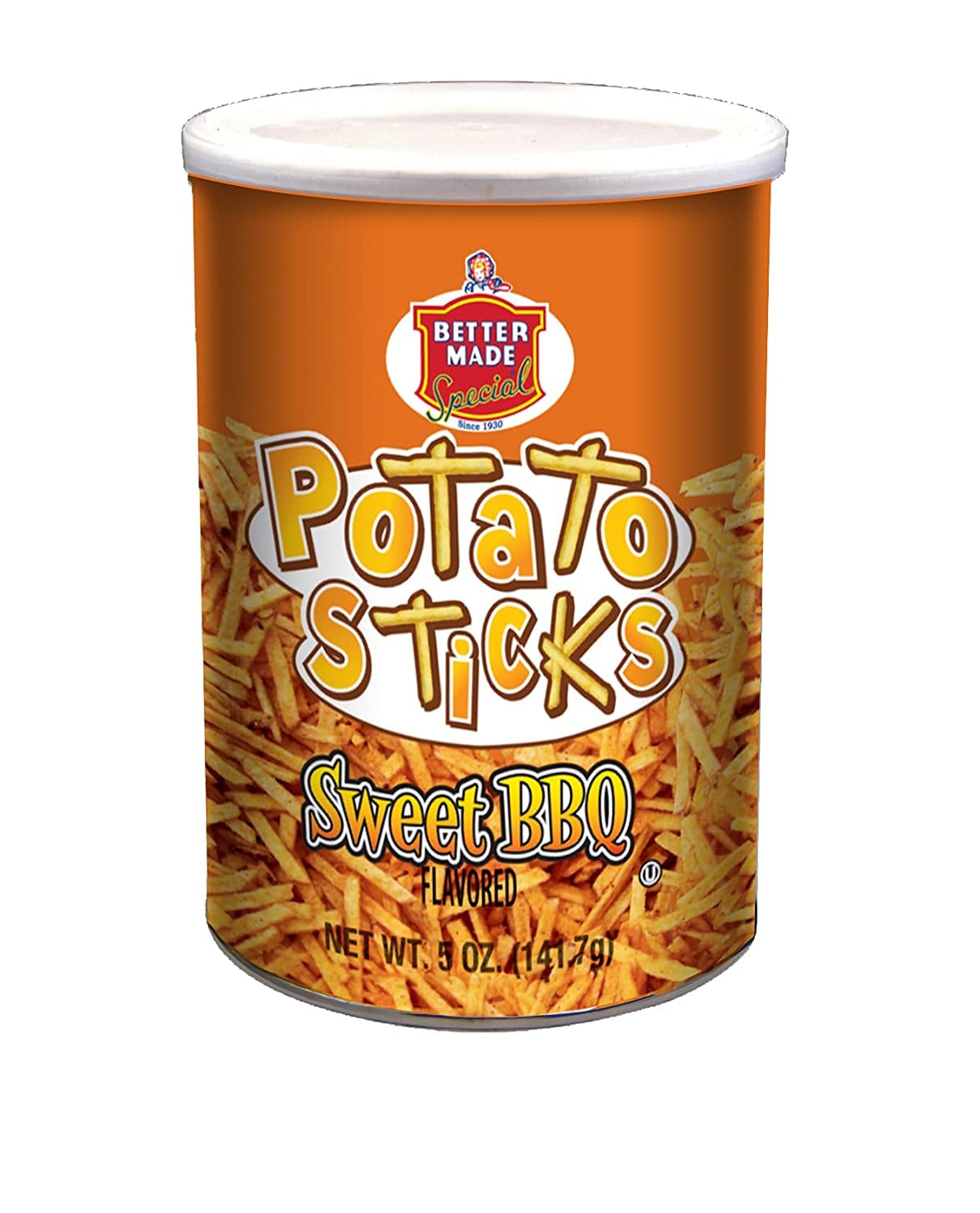 Better Made Potato Sticks 5oz Canister - (Sweet BBQ, 12 Can Tray) Shoestring Potato Sticks - Gluten Free - Crunchy, Crispy Snack from Fresh Potatoes - Resealable Lid5