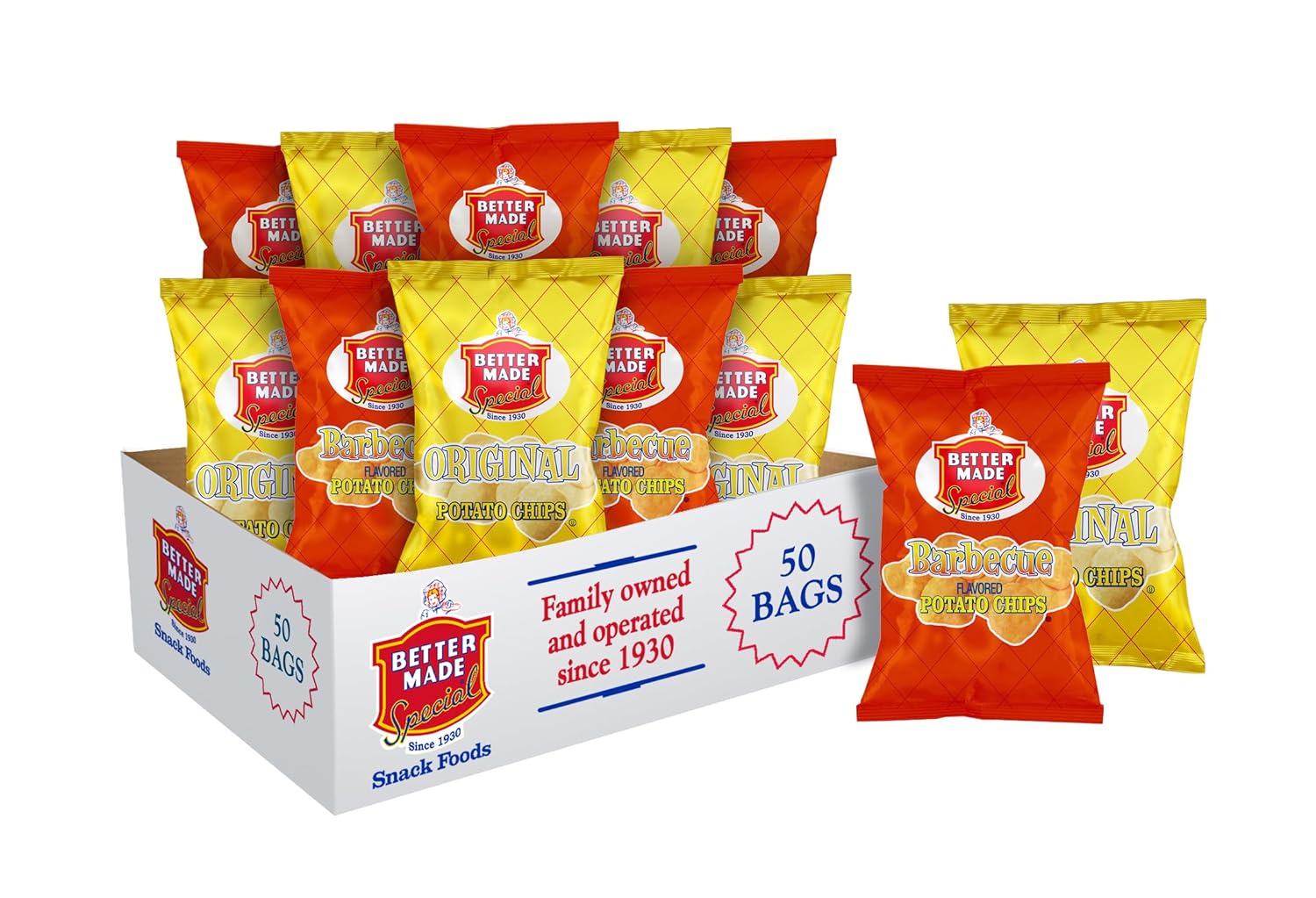 Better Made Special Original & BBQ Potato Chips Variety Pack - Case of 50-1oz Bags - 25 BBQ 25 Original - Crunchy, Individual Snacks Made from Fresh Potatoes Better Made Special Original & BBQ Potato Chips Variety Pack - Case of 50-1oz Bags - 25 BBQ/25 Original - Crunchy, Individual Snacks Made from Fresh Potatoes