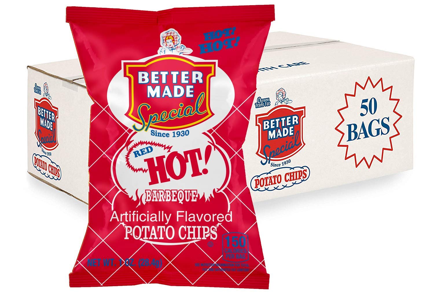 Better Made Special Potato Chips (RED HOT BBQ) - 50 Pack - 50 x 1 oz. Bags - Crunchy, Individual Snacks Made from Fresh Potatoes - Family Owned and Operated Better Made Special Potato Chips (RED HOT BBQ) - 50 Pack - 50 x 1 oz. Bags - Crunchy, Individual Snacks Made from Fresh Potatoes - Family Owned and Operated