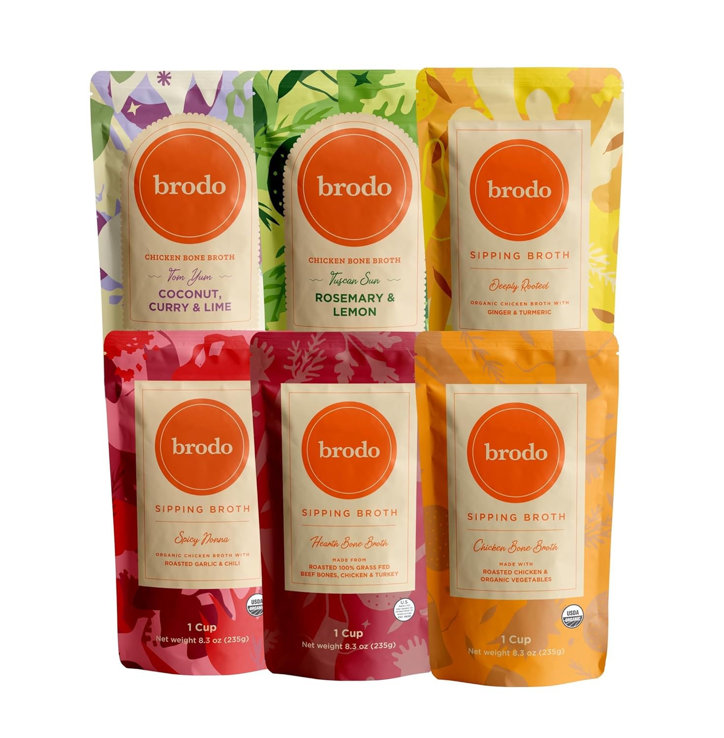 Brodo Broth Variety Pack 1 Chicken, 1 Hearth, 1 Deeply Rooted, 1 Spicy Nonna, 1 Tom Yum, 1 Tuscan Sun Single Serving Pouches Not Made From Concentrate, No Preservatives (6x 8.3 oz Pouches) Brodo Broth Variety Pack | 1 Chicken, 1 Hearth, 1 Deeply Rooted, 1 Spicy Nonna, 1 Tom Yum, 1 Tuscan Sun Single Serving Pouches | Not Made From Concentrate, No Preservatives (6x 8.3 oz Pouches)