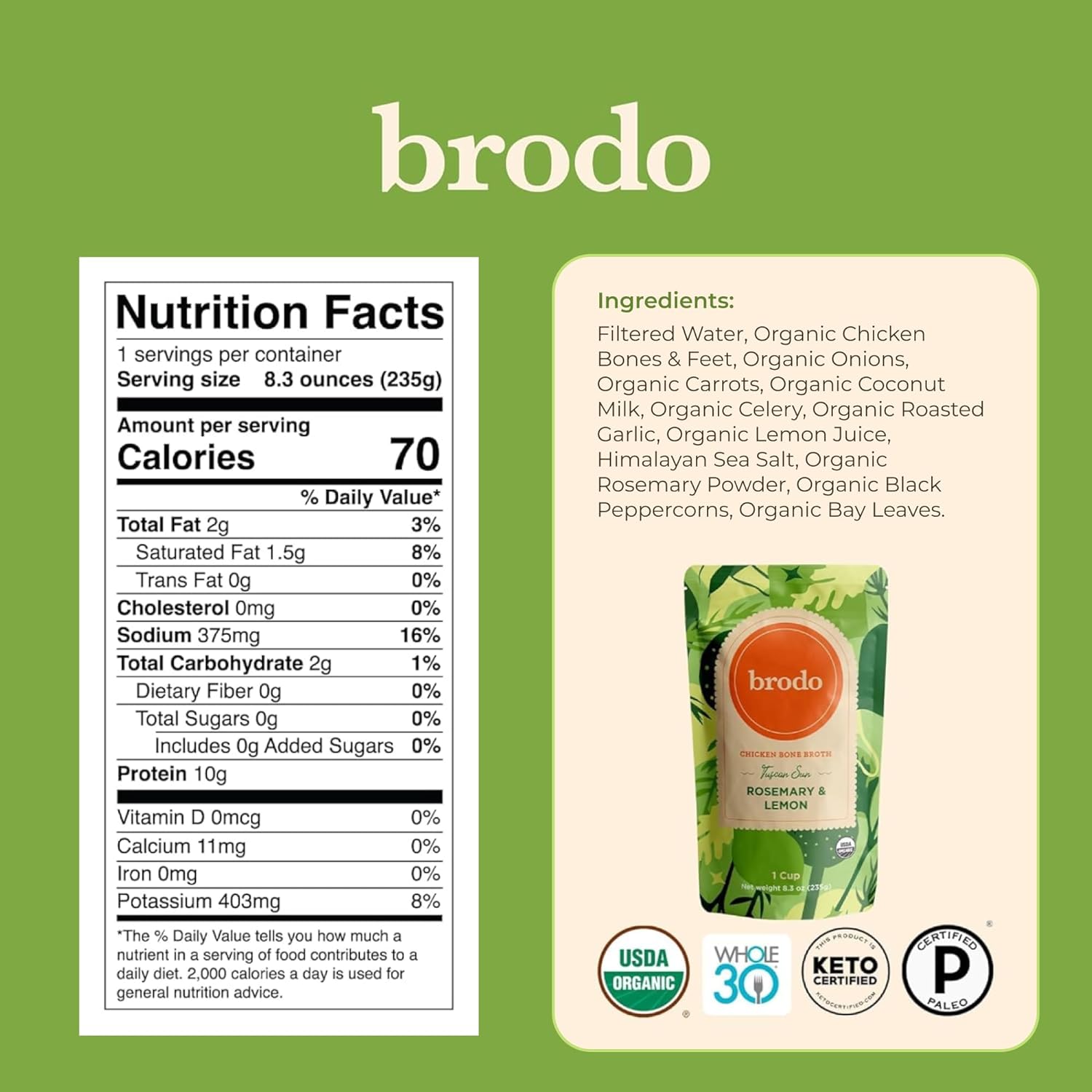 Brodo Broth Variety Pack 1 Chicken, 1 Hearth, 1 Deeply Rooted, 1 Spicy Nonna, 1 Tom Yum, 1 Tuscan Sun Single Serving Pouches Not Made From Concentrate, No Preservatives (6x 8.3 oz Pouches)13