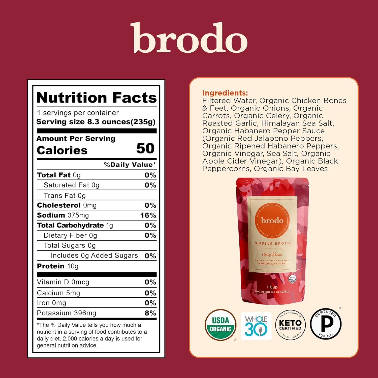Brodo Broth Variety Pack 1 Chicken, 1 Hearth, 1 Deeply Rooted, 1 Spicy Nonna, 1 Tom Yum, 1 Tuscan Sun Single Serving Pouches Not Made From Concentrate, No Preservatives (6x 8.3 oz Pouches)8