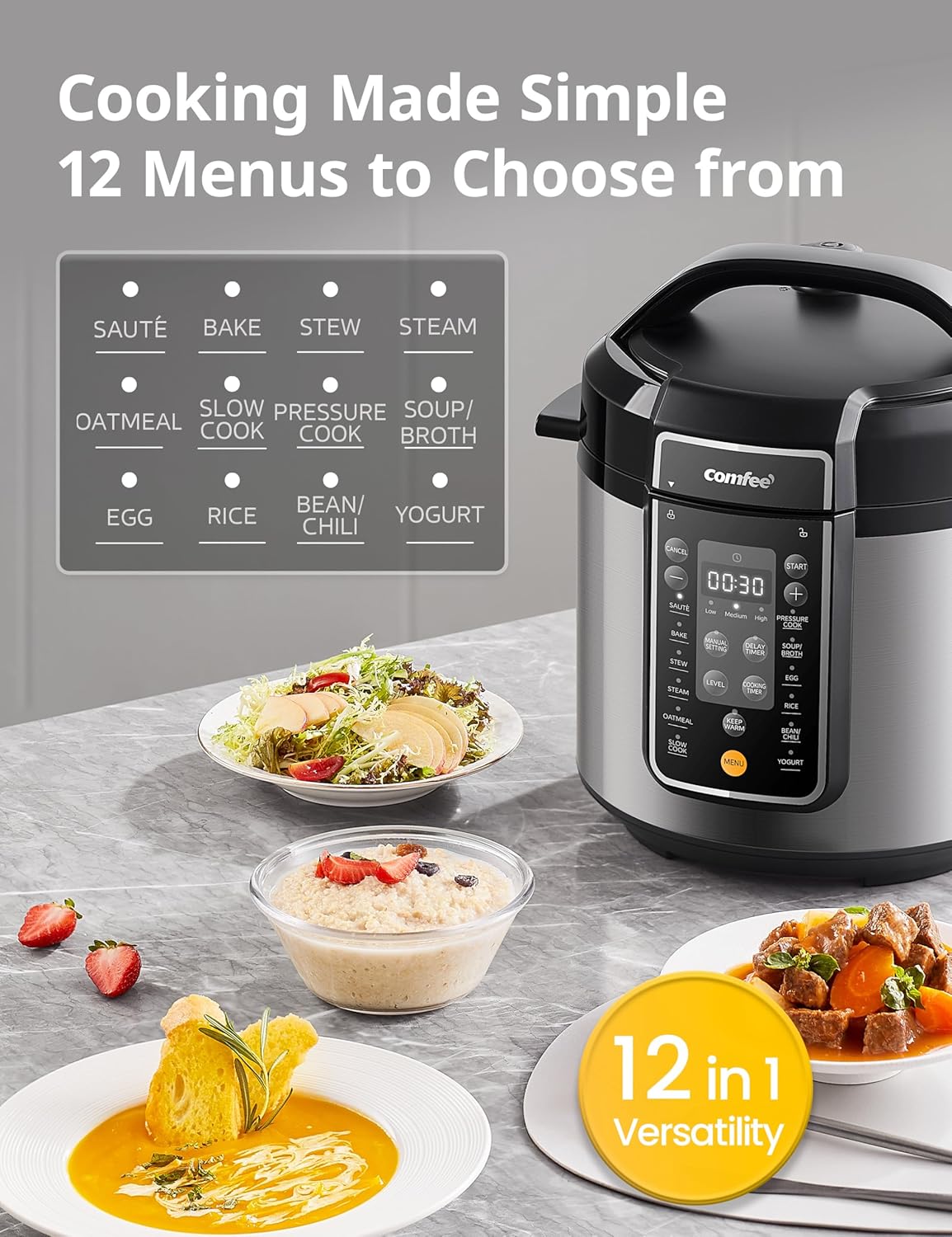 COMFEE’ Pressure Cooker 6 Quart with 13 Cooking Functions, Olla de Presion Non-Stick Pot Yogurt Maker Rice Cooker Slow Cooker Sauté Steamer, Healthy Ceramic Inner Pot2