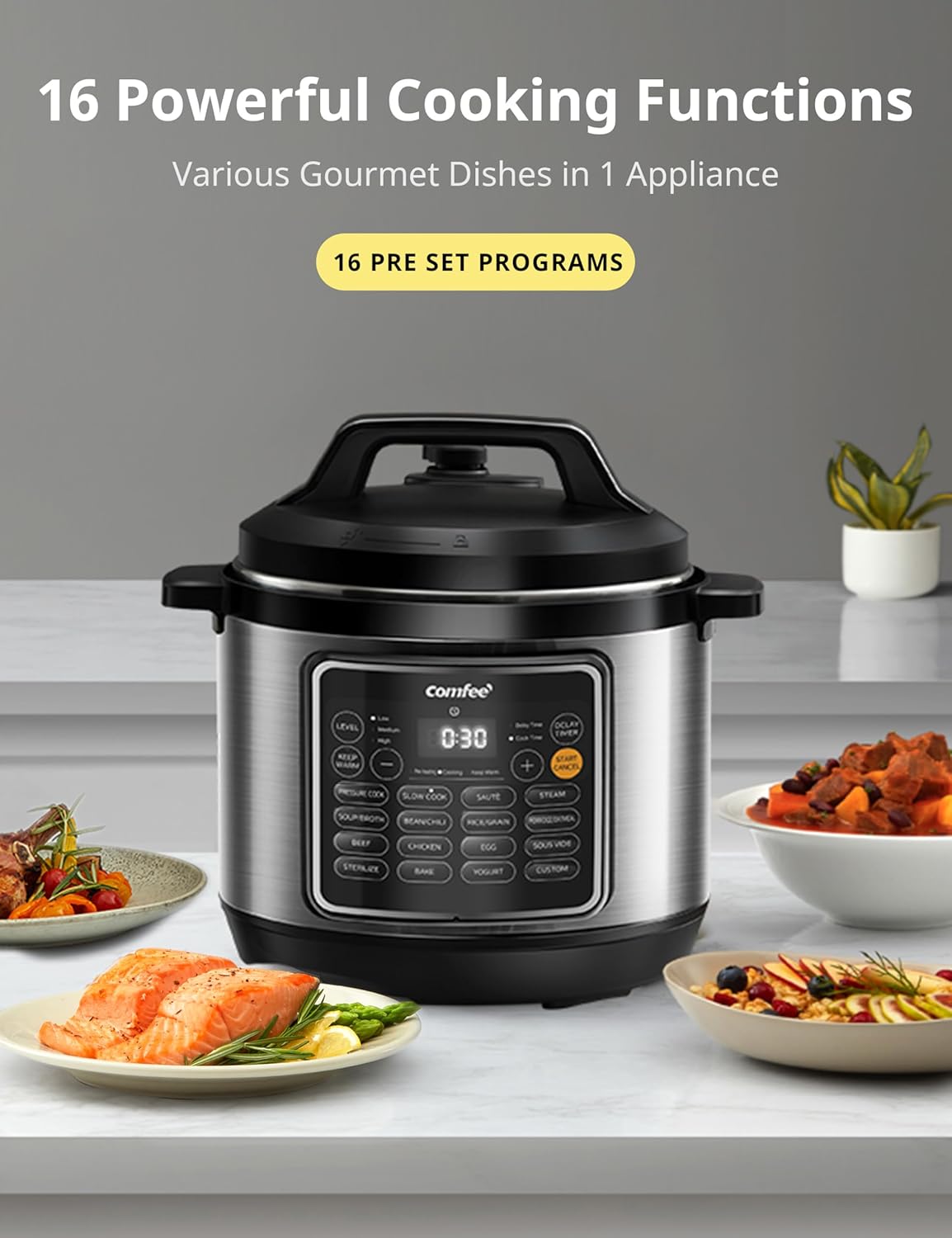 COMFEE’ Pressure Cooker 8 Quart with 16 Cooking Functions, Olla de Presion Non-Stick Pot Yogurt Maker Rice Cooker Slow Cooker Sauté Steamer, Healthy Ceramic Inner Pot1