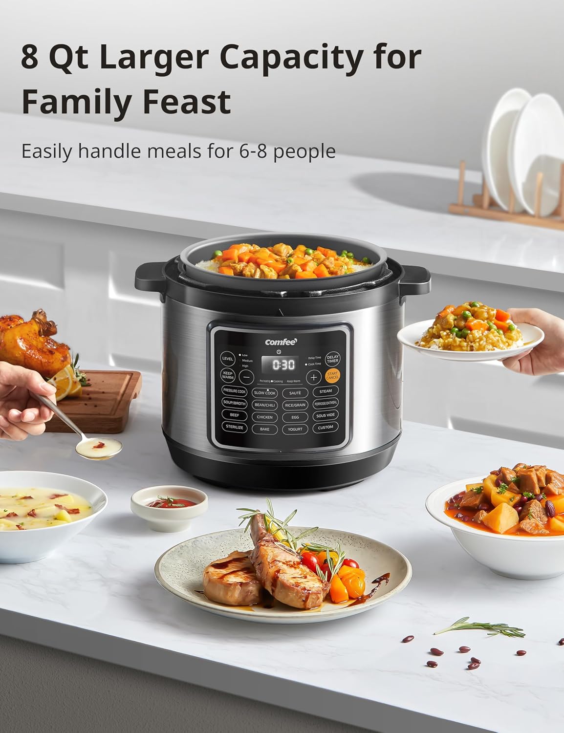 COMFEE’ Pressure Cooker 8 Quart with 16 Cooking Functions, Olla de Presion Non-Stick Pot Yogurt Maker Rice Cooker Slow Cooker Sauté Steamer, Healthy Ceramic Inner Pot11