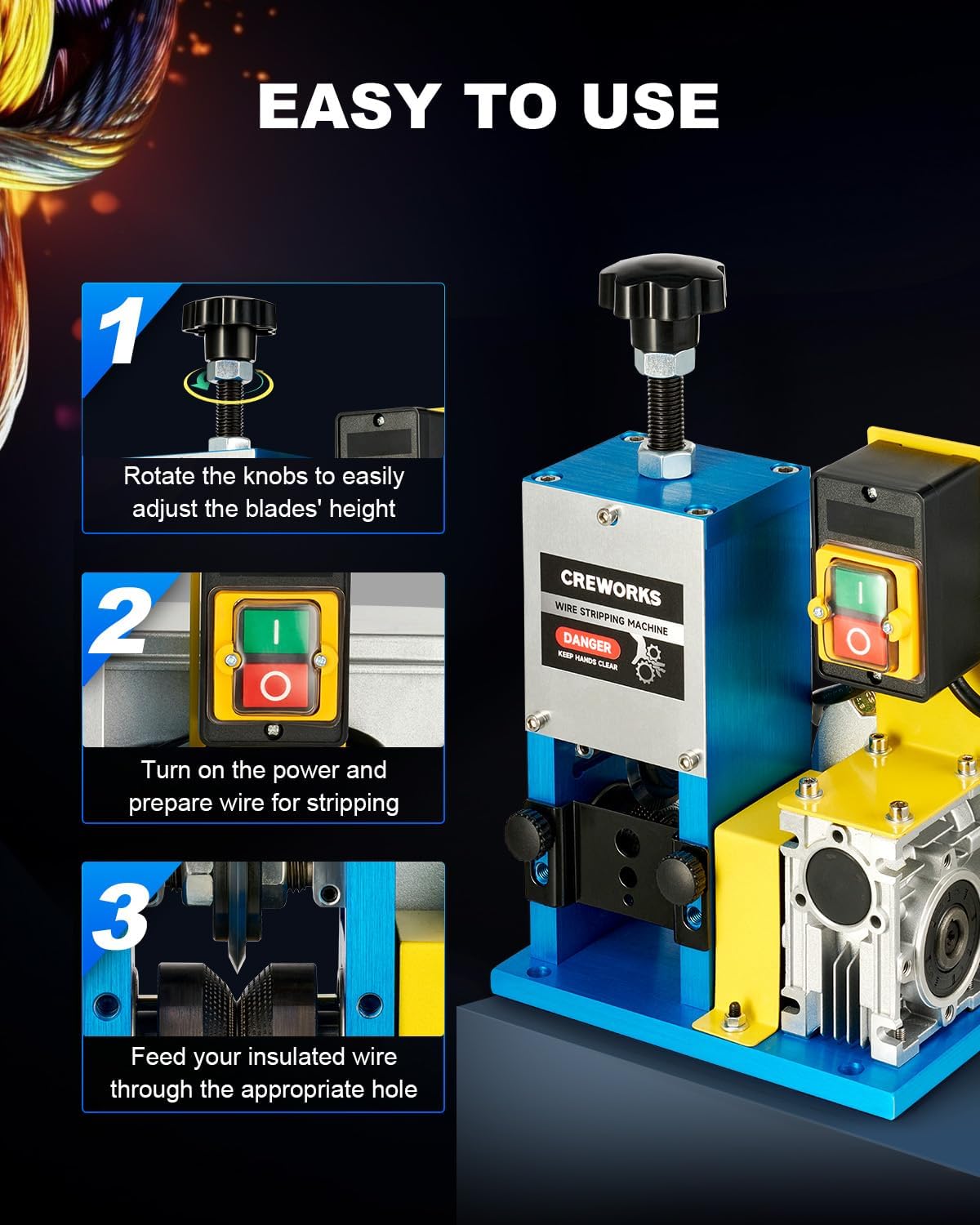 CREWORKS Automatic Wire Stripping Machine for 0.06 -1 Copper Wires, Motorized Wire Stripper Tool for 7 0-15 AWG Scrap Electrical Wire Recycling, Electrical Tool for DIY Cable Copper Wire Stripping1