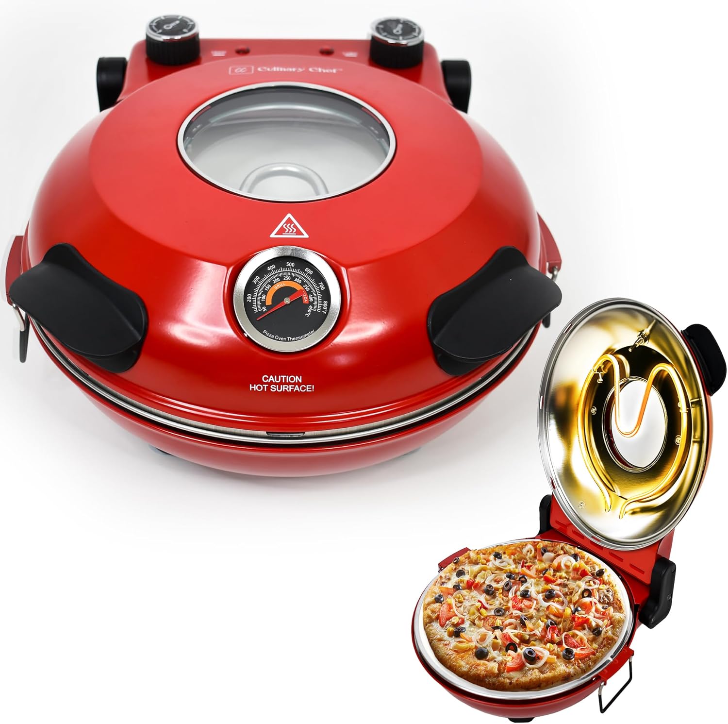 CULINARY CHEF Electric Pizza Oven with Ceramic Stone, Viewing Window, Adjustable Heat Control, Timer and 1200W Baking Power, DIY Homemade Pizzeria, Large 12 Pie Capacity (Red) CULINARY CHEF Electric Pizza Oven with Ceramic Stone, Viewing Window, Adjustable Heat Control, Timer and 1200W Baking Power, DIY Homemade Pizzeria, Large 12” Pie Capacity (Red)
