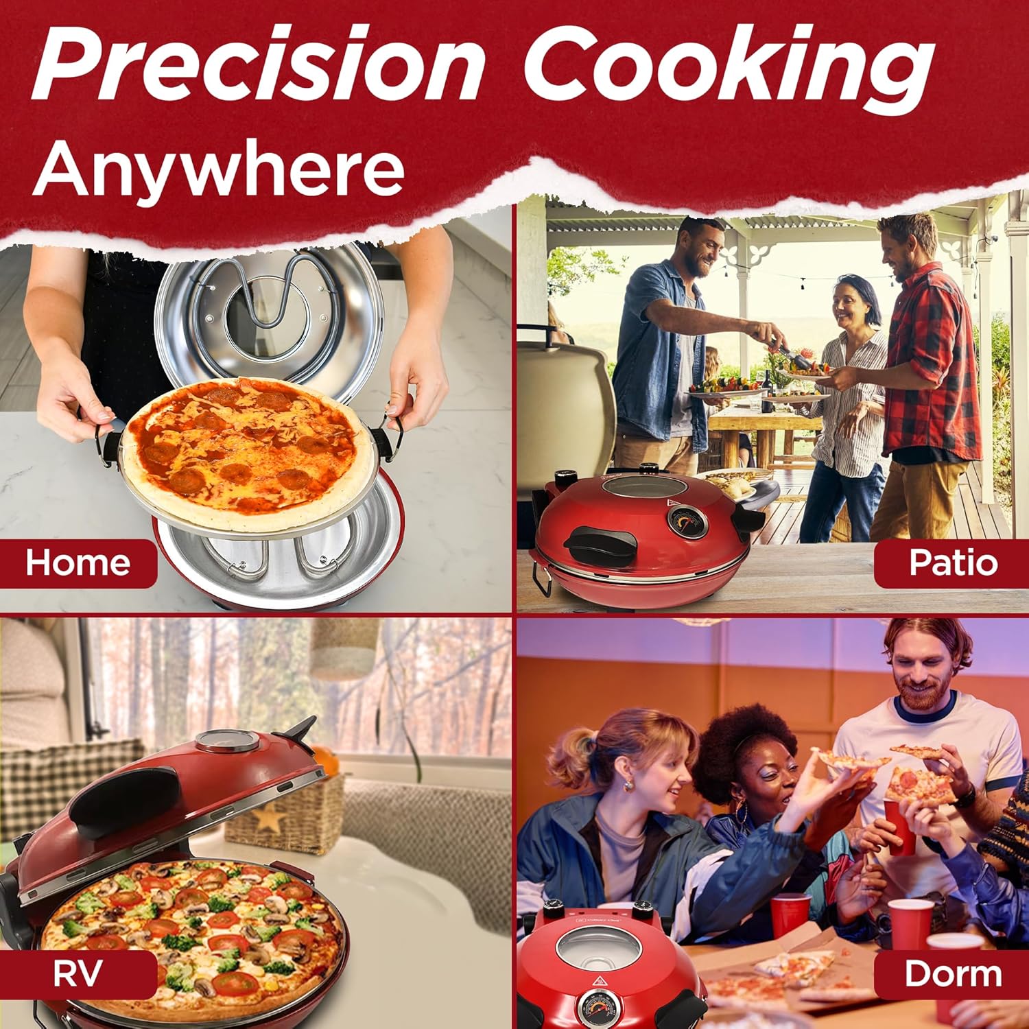 CULINARY CHEF Electric Pizza Oven with Ceramic Stone, Viewing Window, Adjustable Heat Control, Timer and 1200W Baking Power, DIY Homemade Pizzeria, Large 12 Pie Capacity (Red)0