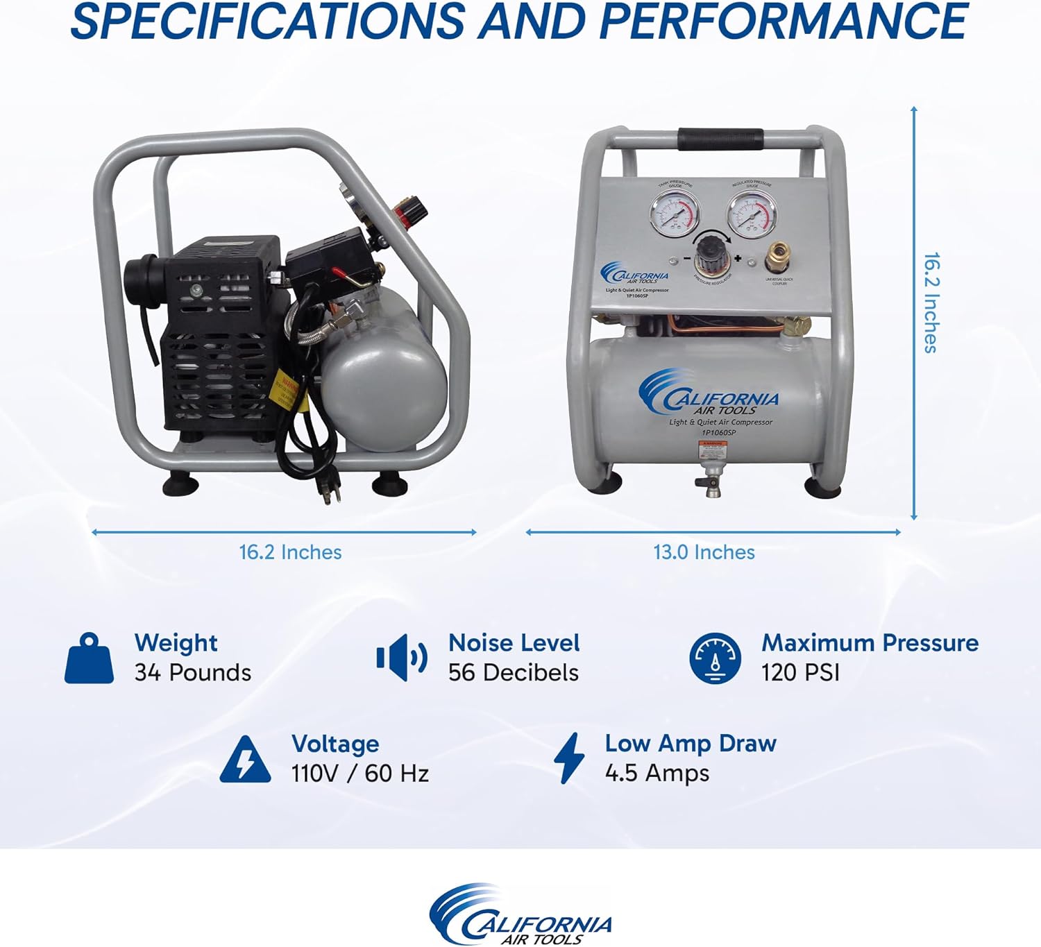 California Air Tools CAT-1P1060SP Light & Quiet Portable Air Compressor, Lightweight, Ultra Quiet, Oil-Free, 1 Gallon Steel Tank, .6 HP, 56 dBA Noise Level9