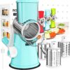 Cambom Rotary Cheese Grater Hand Crank Cheese Shredder for Fresh Cheese, Vegetable, Nuts,Non-slip Suction Base, Free Cleaning Brush Three Blades, Blue