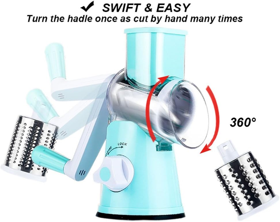 Cambom Rotary Cheese Grater Hand Crank Cheese Shredder for Fresh Cheese, Vegetable, Nuts,Non-slip Suction Base, Free Cleaning Brush Three Blades, Blue0