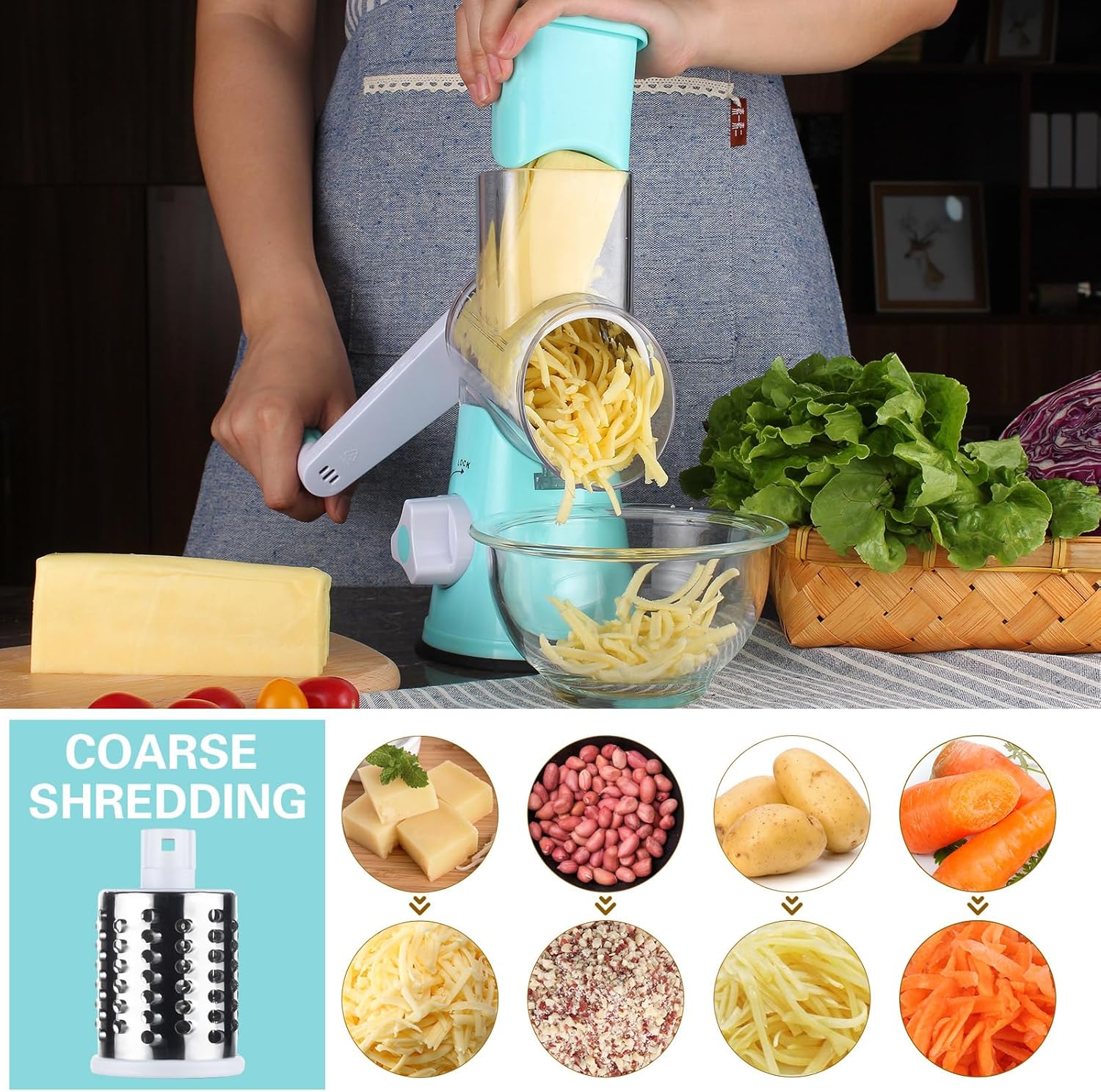 Cambom Rotary Cheese Grater Hand Crank Cheese Shredder for Fresh Cheese, Vegetable, Nuts,Non-slip Suction Base, Free Cleaning Brush Three Blades, Blue1