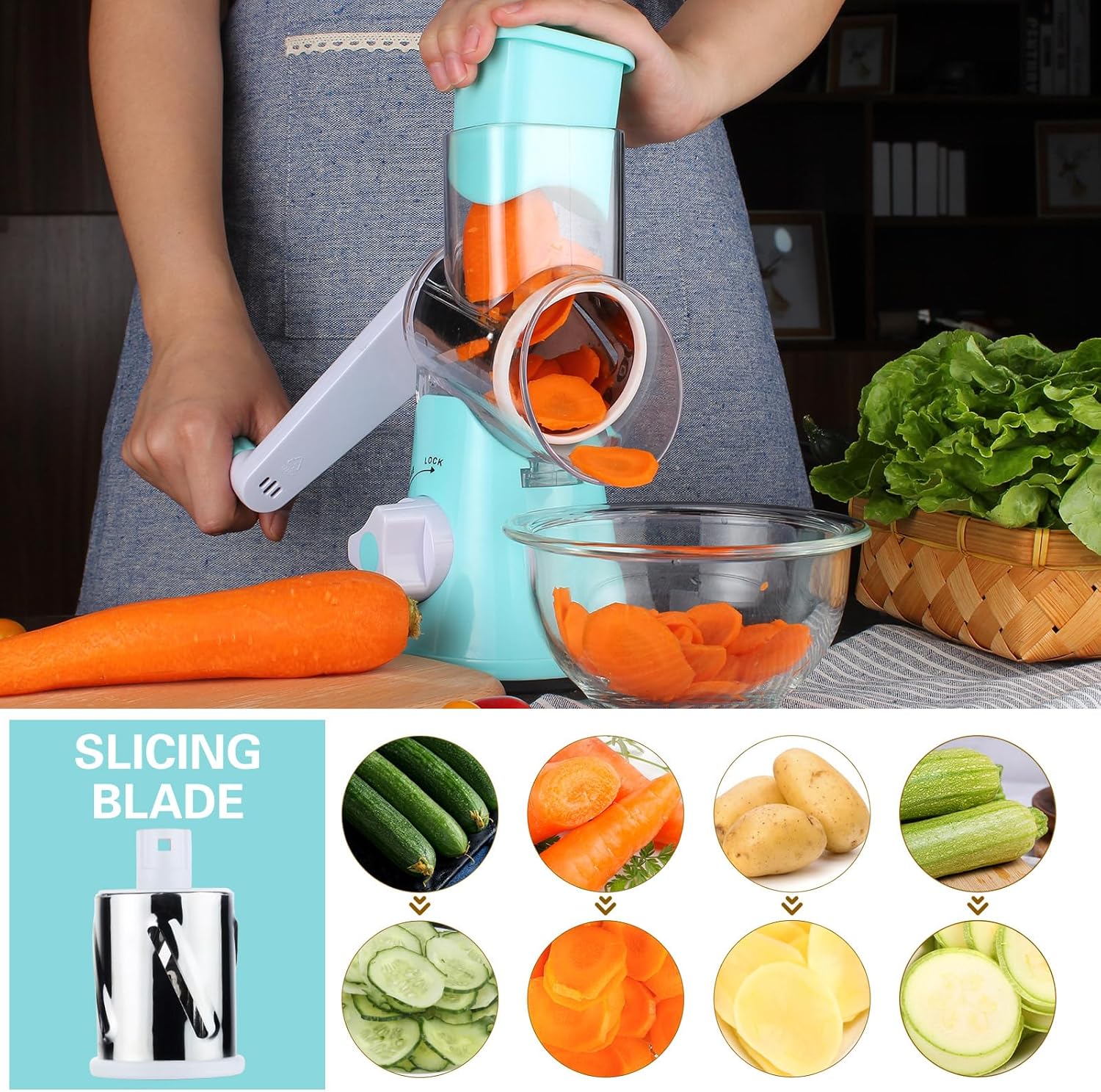 Cambom Rotary Cheese Grater Hand Crank Cheese Shredder for Fresh Cheese, Vegetable, Nuts,Non-slip Suction Base, Free Cleaning Brush Three Blades, Blue2