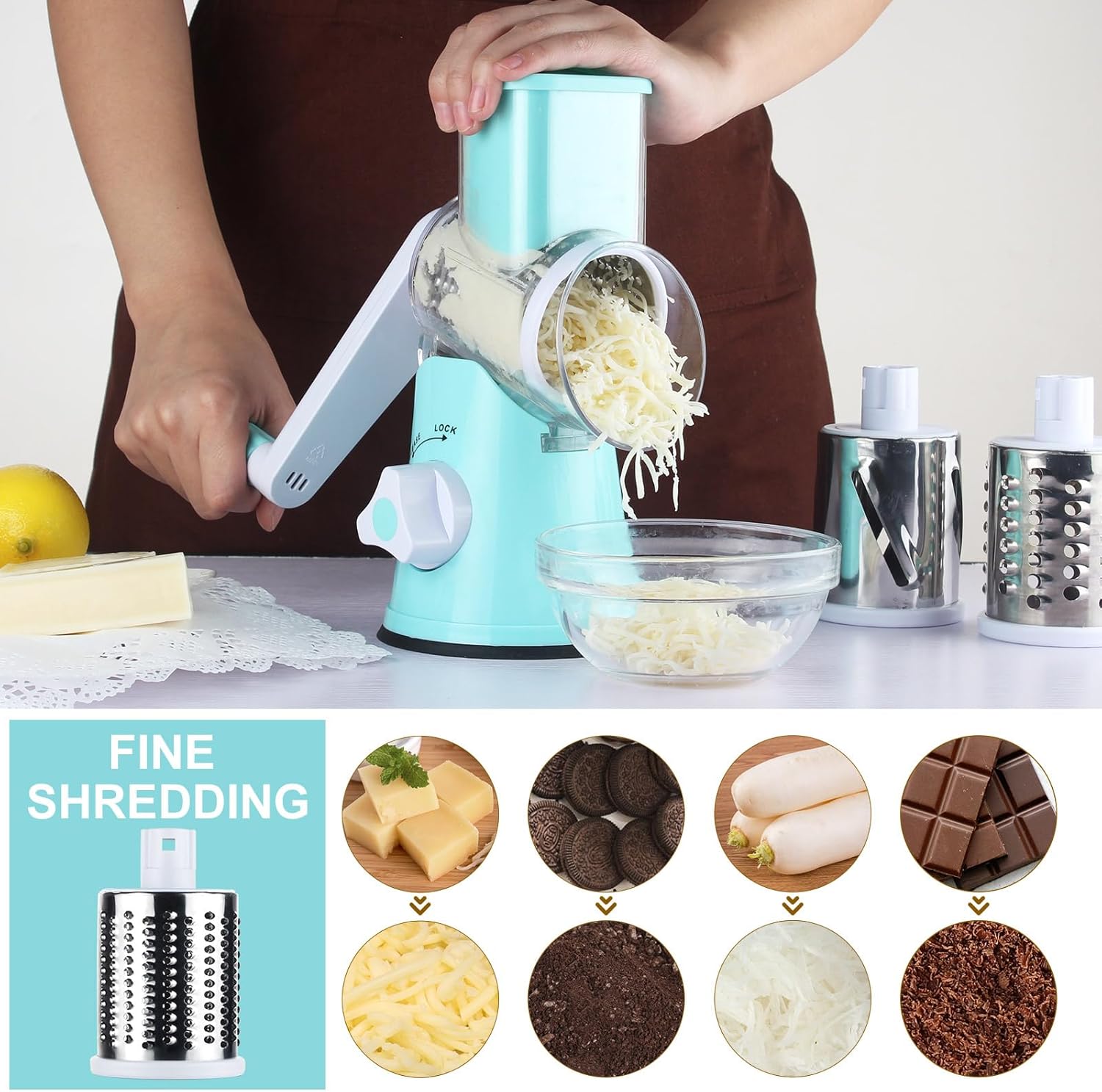 Cambom Rotary Cheese Grater Hand Crank Cheese Shredder for Fresh Cheese, Vegetable, Nuts,Non-slip Suction Base, Free Cleaning Brush Three Blades, Blue4