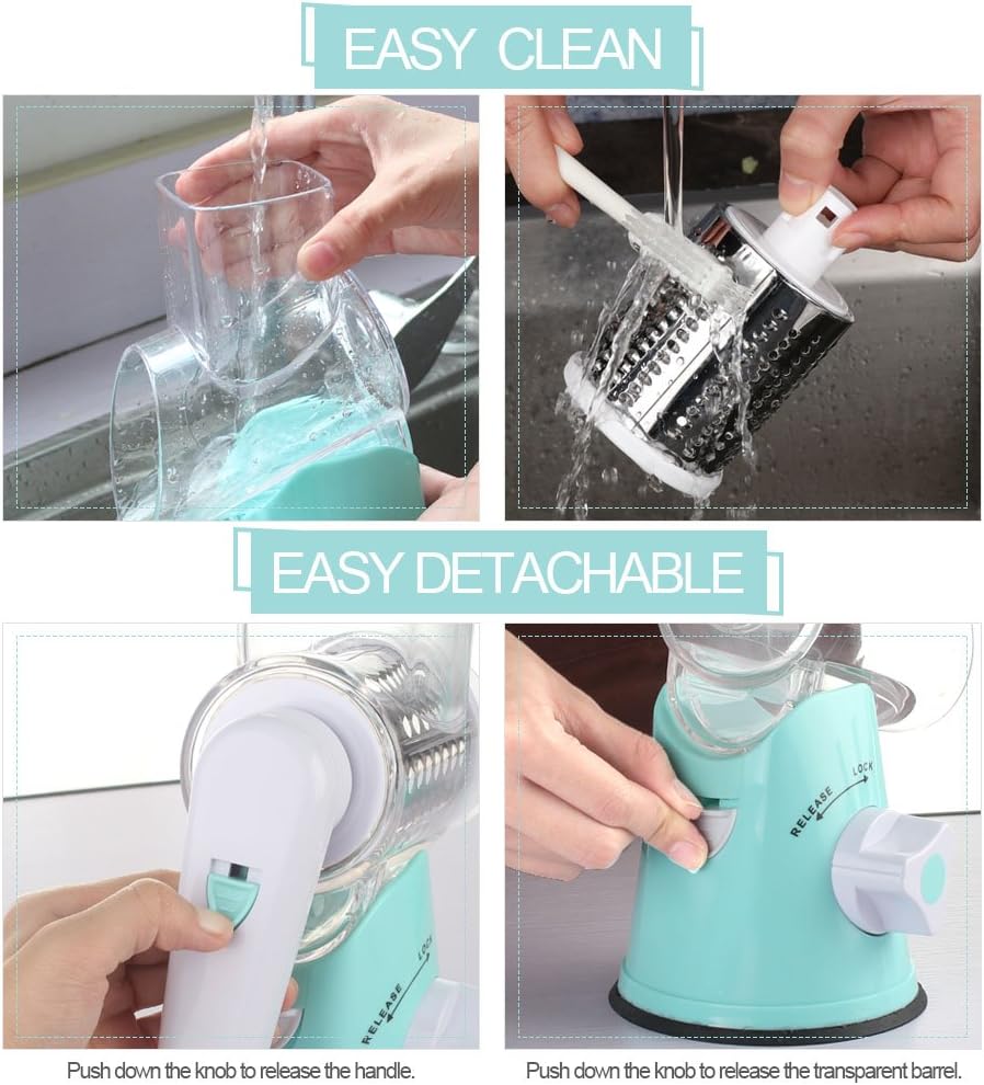 Cambom Rotary Cheese Grater Hand Crank Cheese Shredder for Fresh Cheese, Vegetable, Nuts,Non-slip Suction Base, Free Cleaning Brush Three Blades, Blue6