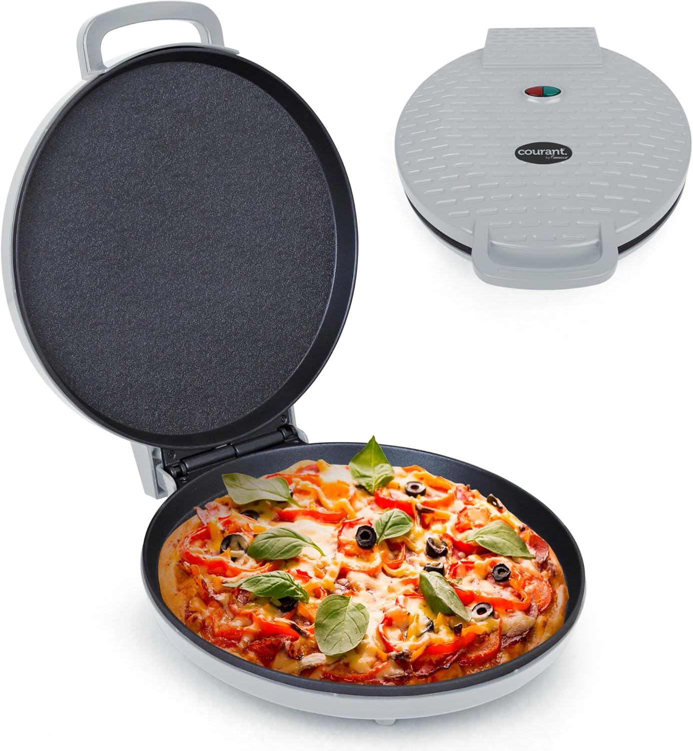 Courant Pizza Maker 12-inch Pizzas Machine, Newly improved Cool-touch Handle Non-Stick plates Pizza oven & Calzone Maker, Electric Countertop Oven for Home or School, 12 Indoor Grill Griddle, Gray Courant Pizza Maker 12-inch Pizzas Machine, Newly improved Cool-touch Handle Non-Stick plates Pizza oven & Calzone Maker, Electric Countertop Oven for Home or School, 12” Indoor Grill/Griddle, Gray