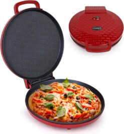 Courant Pizza Maker 12 inch Pizzas Machine, Newly improved Cool-touch Handle Non-Stick plates Pizza oven & Calzone Maker, Electric Countertop Oven for Home or School, 12” Indoor Grill/Griddle, Red