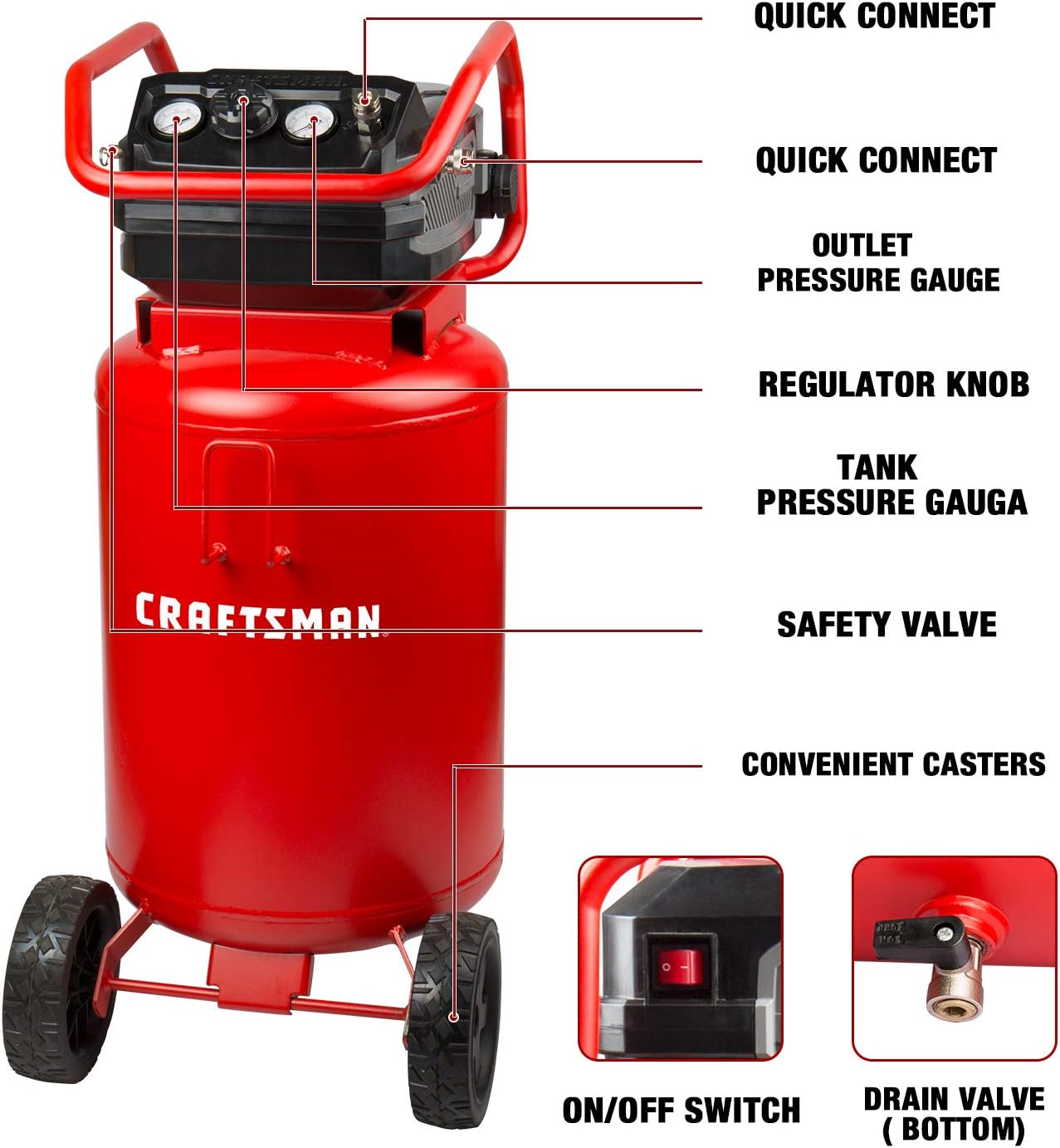 Craftsman Air Compressor, 20 Gallon Oil-Free 1.8 HP Max 175 PSI Pressure Two Quick Couplers Big Capacity, Red- CMXECXA023204311