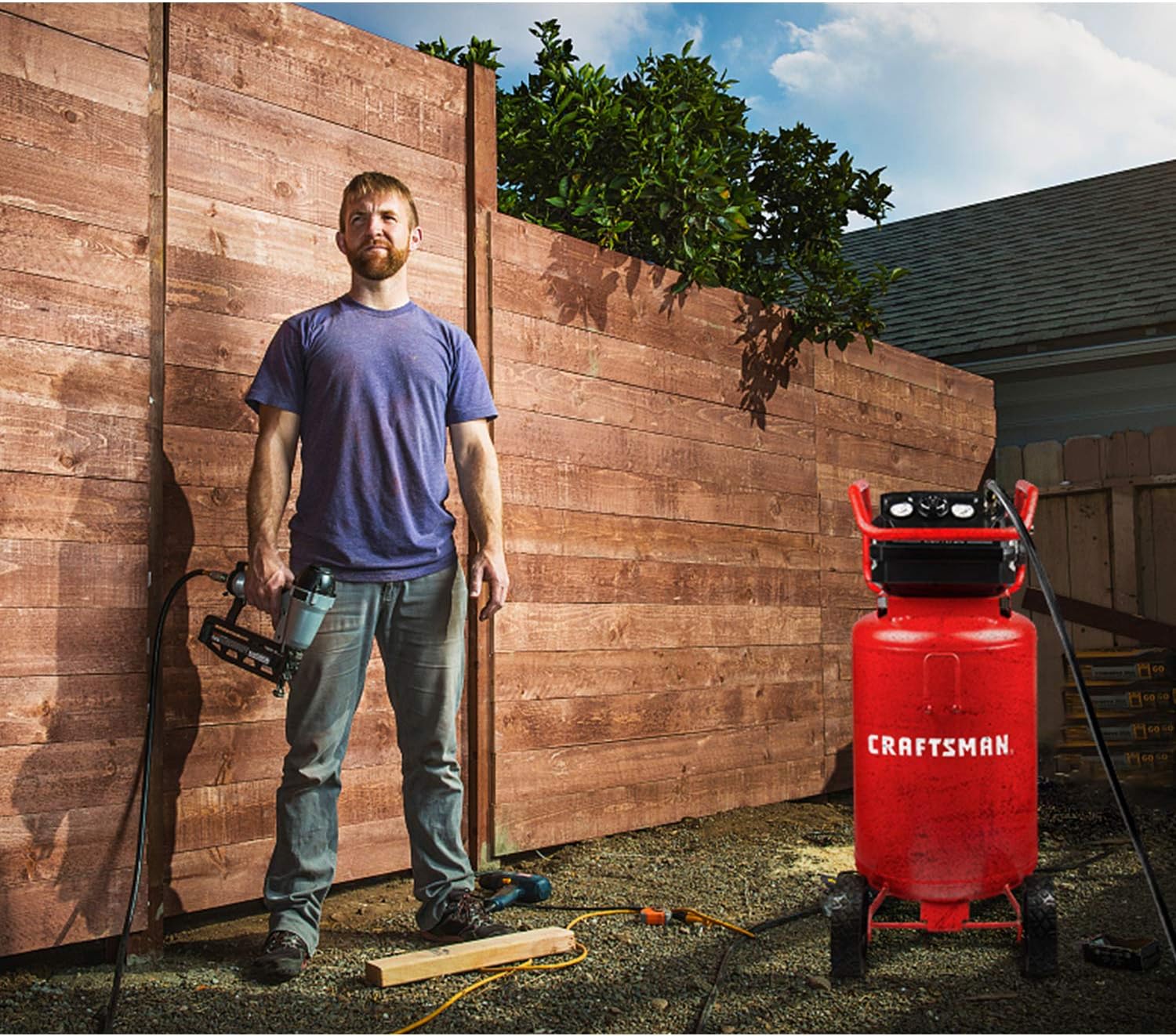 Craftsman Air Compressor, 20 Gallon Oil-Free 1.8 HP Max 175 PSI Pressure Two Quick Couplers Big Capacity, Red- CMXECXA023204315