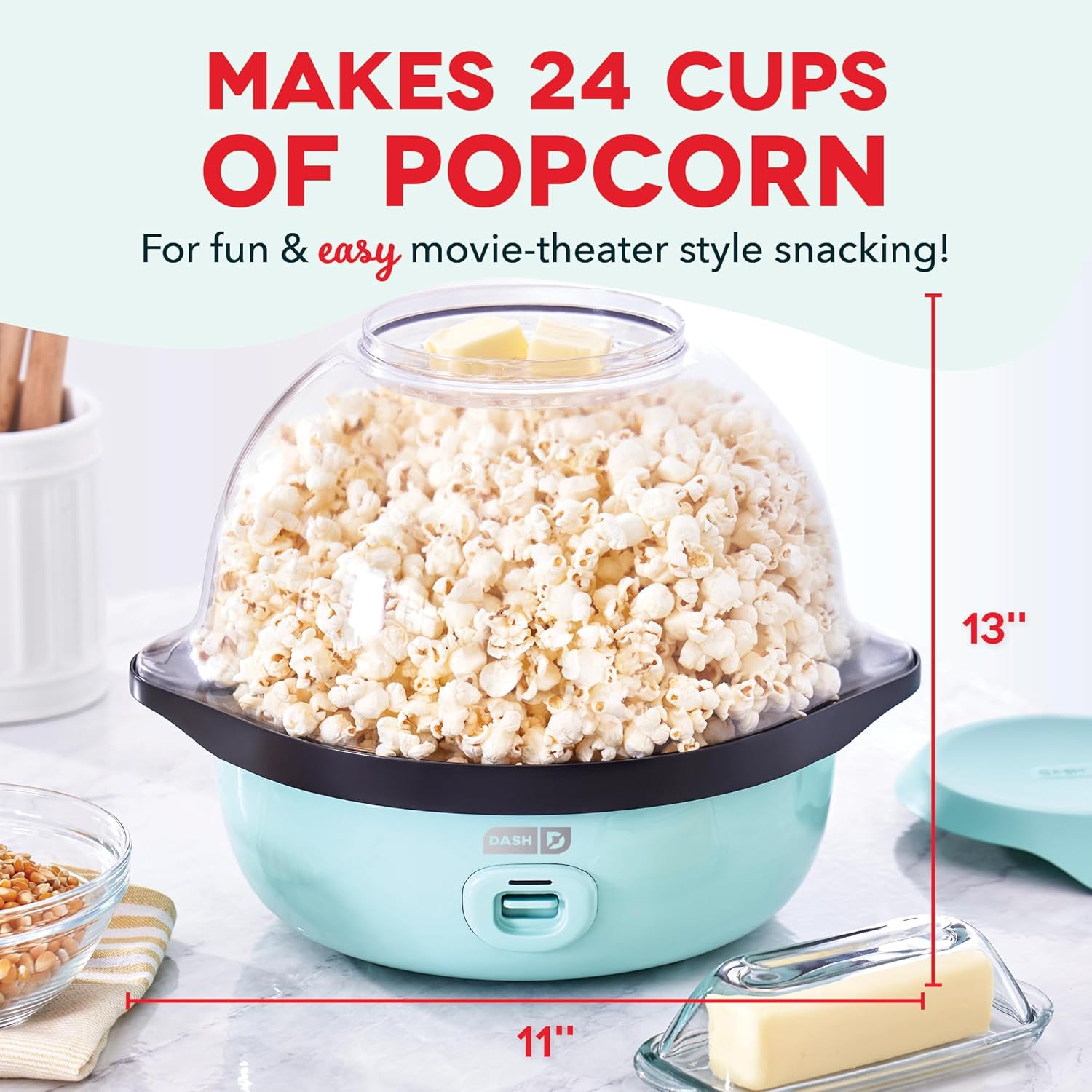 DASH SmartStore™ Deluxe Stirring Popcorn Maker, Hot Oil Electric Popcorn Machine with Large Lid for Serving Bowl and Convenient Storage, 24 Cups – Aqua1