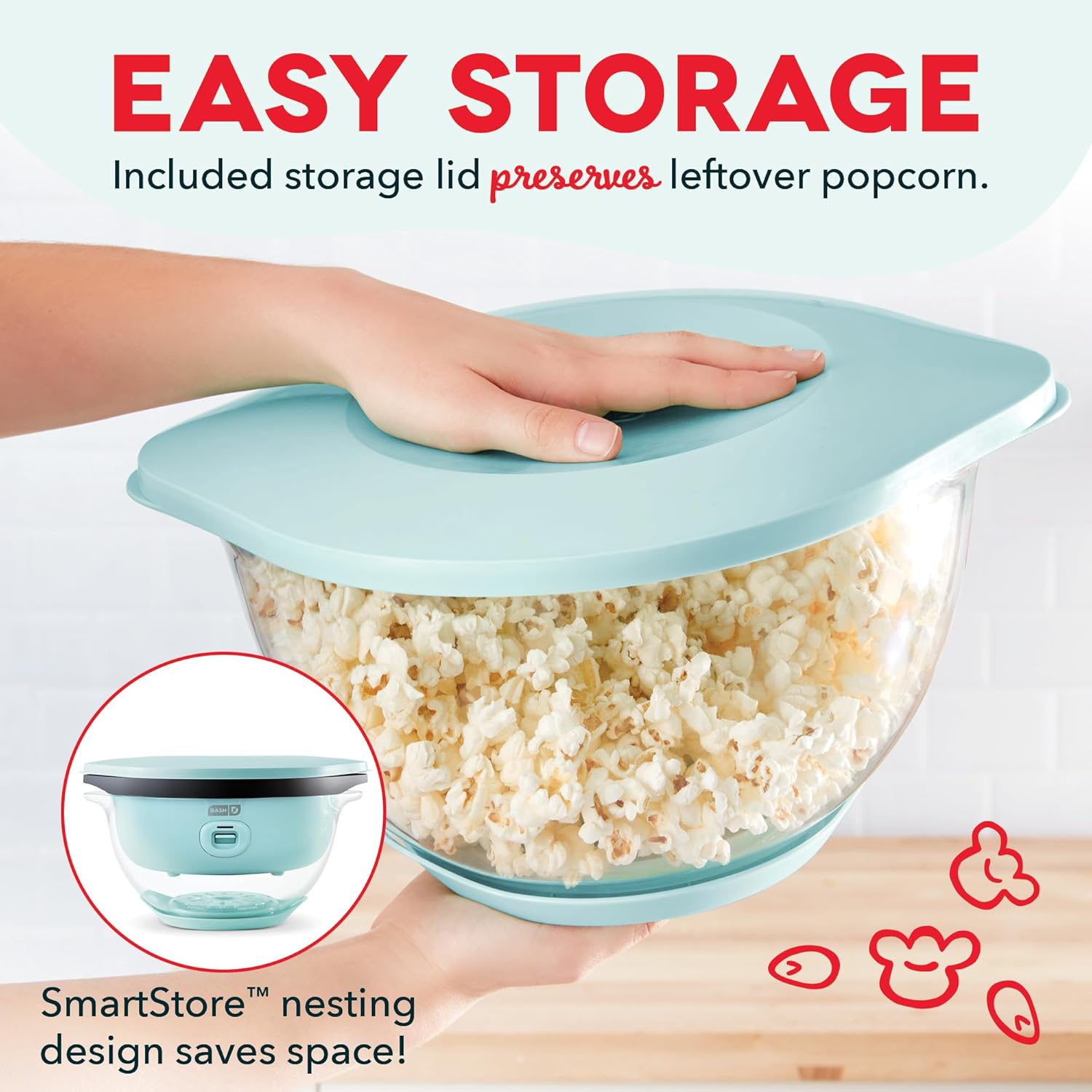 DASH SmartStore™ Deluxe Stirring Popcorn Maker, Hot Oil Electric Popcorn Machine with Large Lid for Serving Bowl and Convenient Storage, 24 Cups – Aqua4