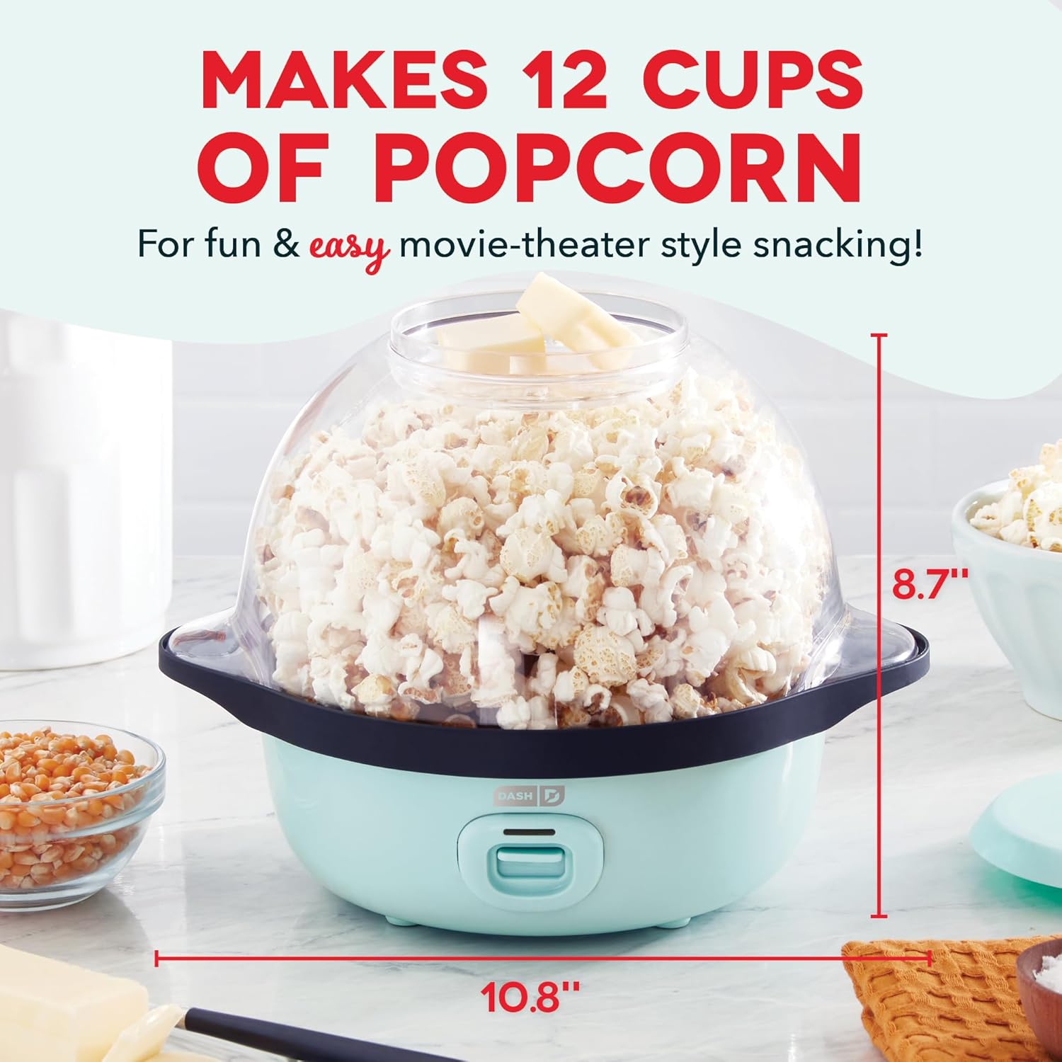 DASH SmartStore™ Stirring Popcorn Maker, 3QT Hot Oil Electric Popcorn Machine with Clear Bowl, 12 Cups - Aqua1