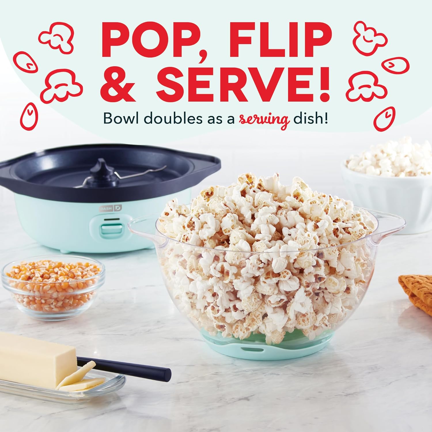 DASH SmartStore™ Stirring Popcorn Maker, 3QT Hot Oil Electric Popcorn Machine with Clear Bowl, 12 Cups - Aqua3