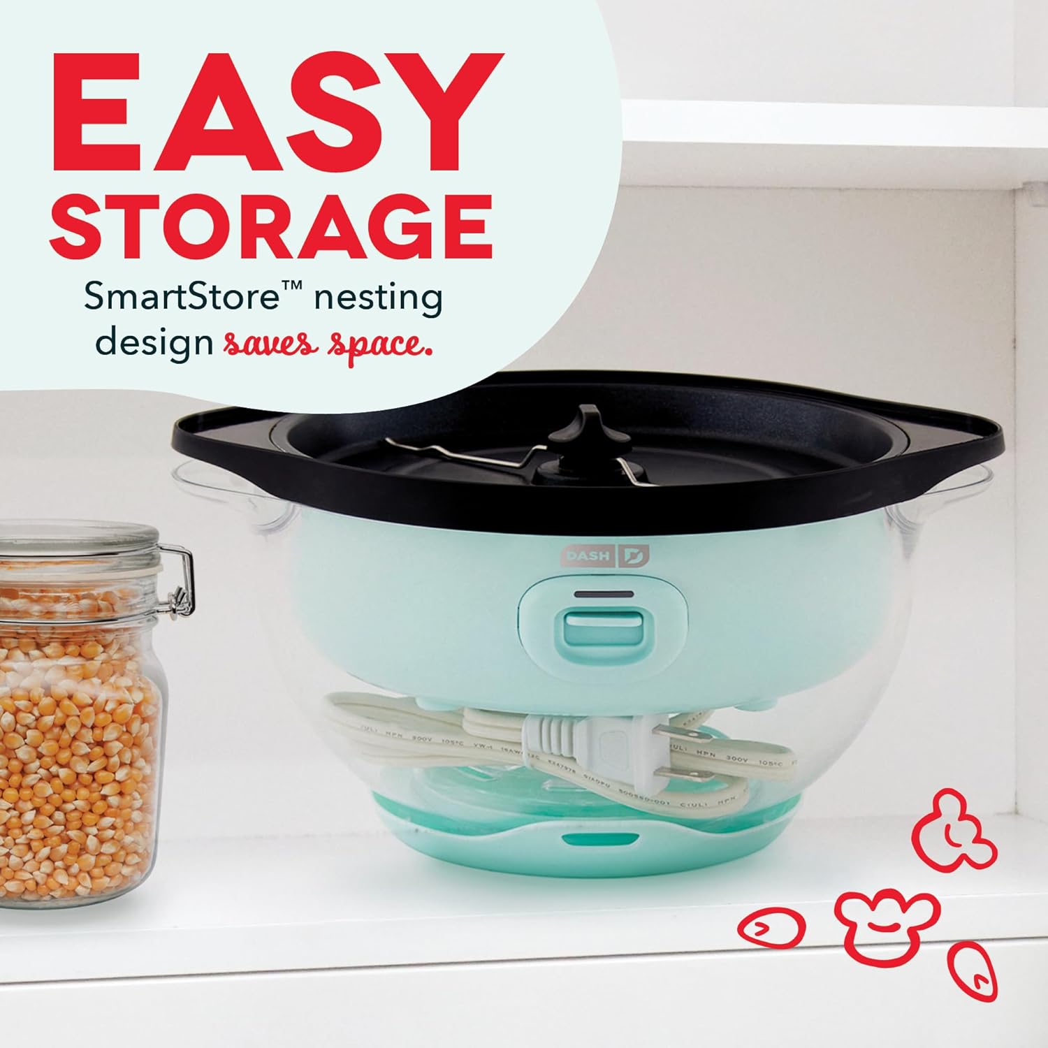 DASH SmartStore™ Stirring Popcorn Maker, 3QT Hot Oil Electric Popcorn Machine with Clear Bowl, 12 Cups - Aqua56