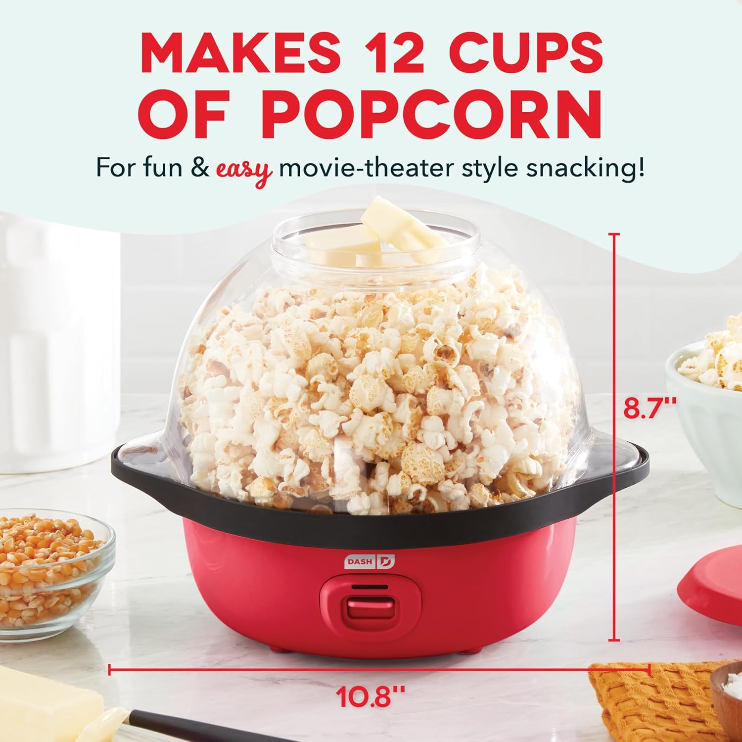 DASH SmartStore™ Stirring Popcorn Maker, 3QT Hot Oil Electric Popcorn Machine with Clear Bowl, 12 Cups - Red3
