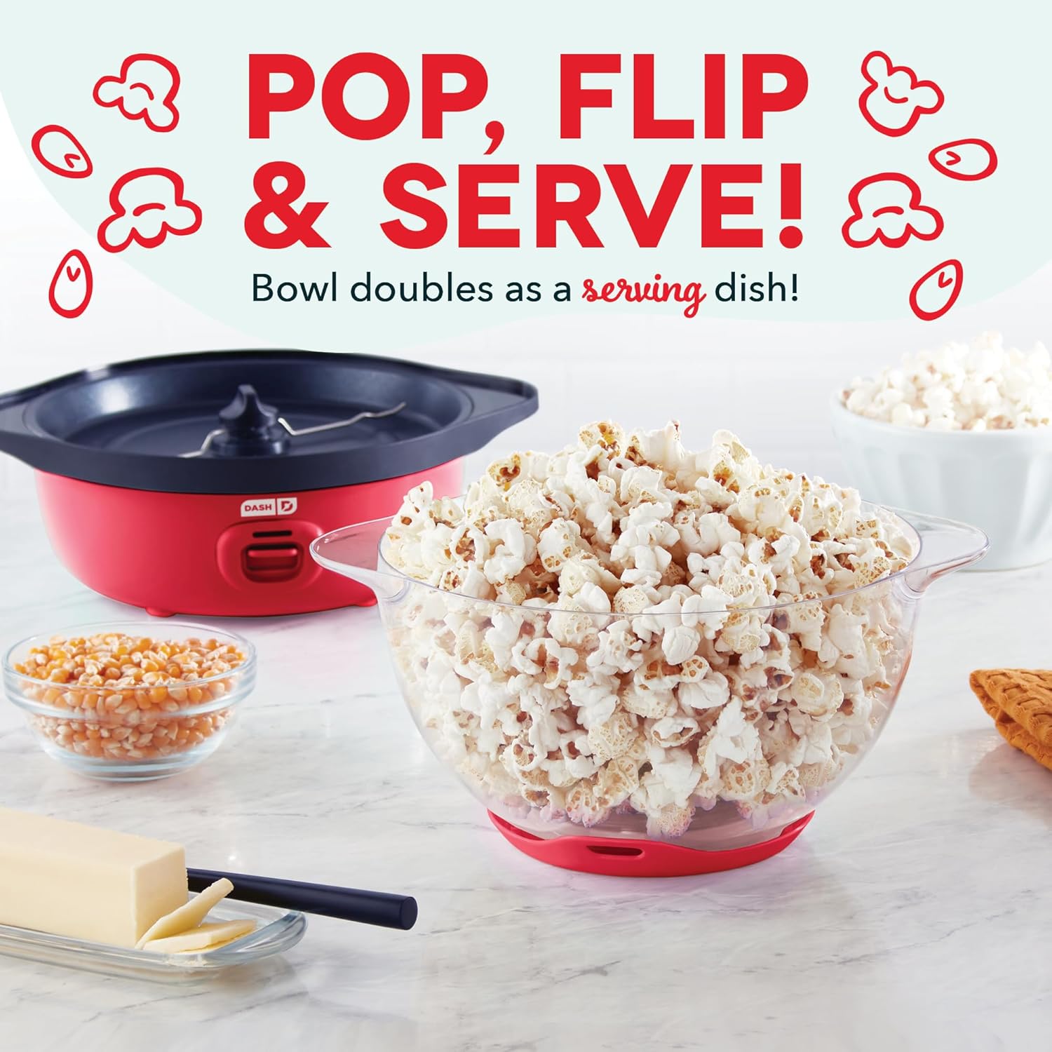 DASH SmartStore™ Stirring Popcorn Maker, 3QT Hot Oil Electric Popcorn Machine with Clear Bowl, 12 Cups - Red4