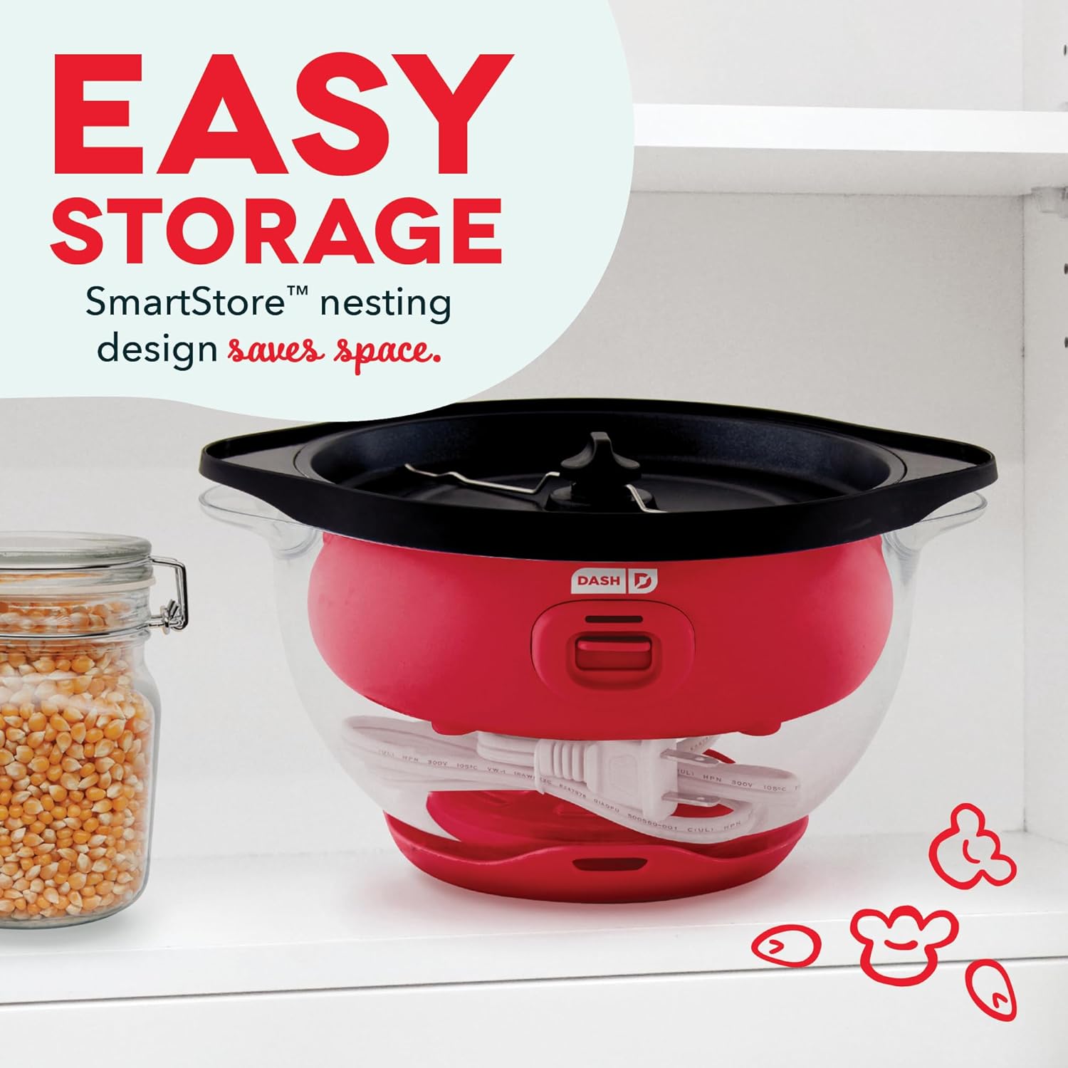 DASH SmartStore™ Stirring Popcorn Maker, 3QT Hot Oil Electric Popcorn Machine with Clear Bowl, 12 Cups - Red8