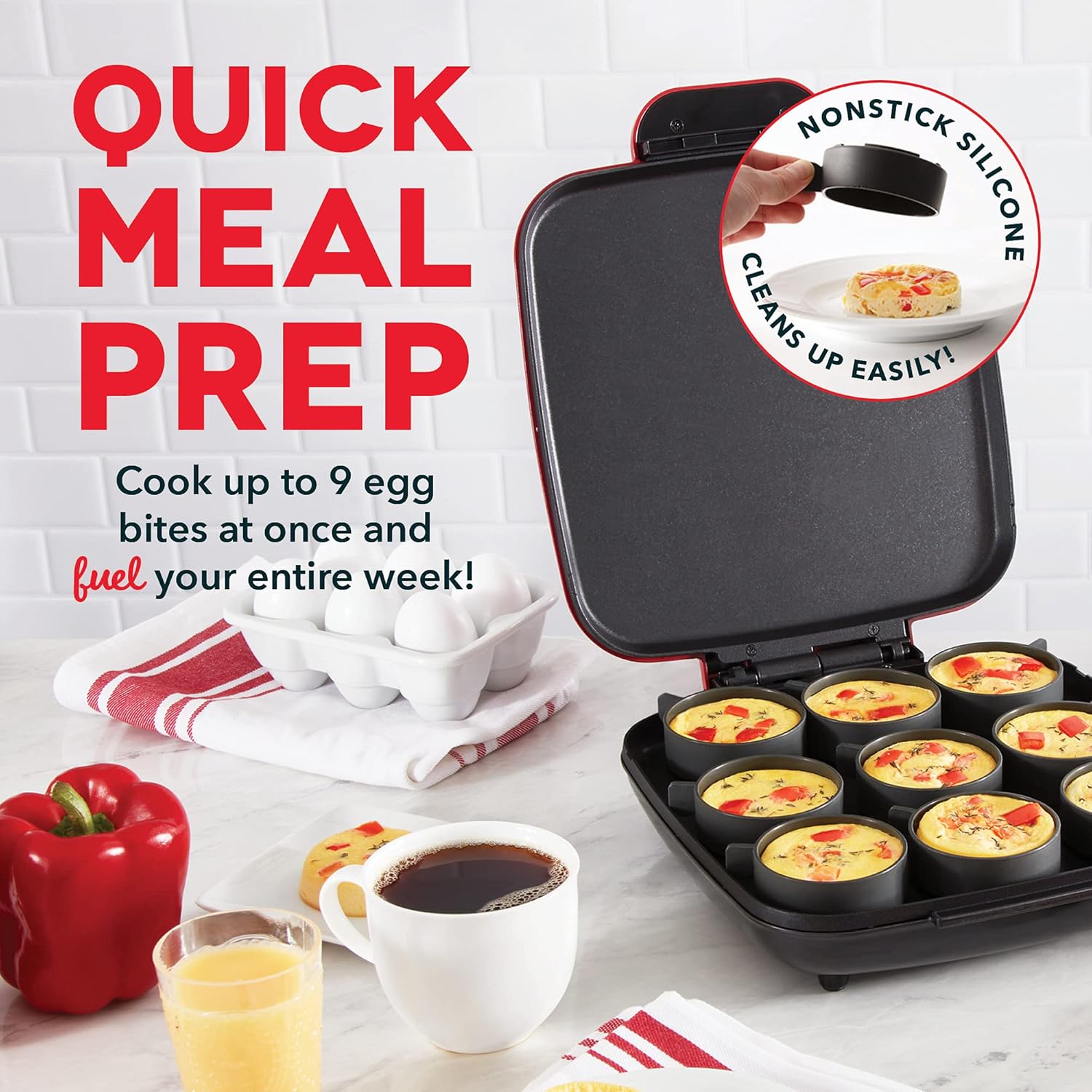 Dash Sous Vide Style Family Size Egg Bite Maker for Breakfast Bites, Sandwiches, Healthy Snacks or Desserts, Keto & Paleo Friendly (9 Servings), Red, 9 Egg Bites0