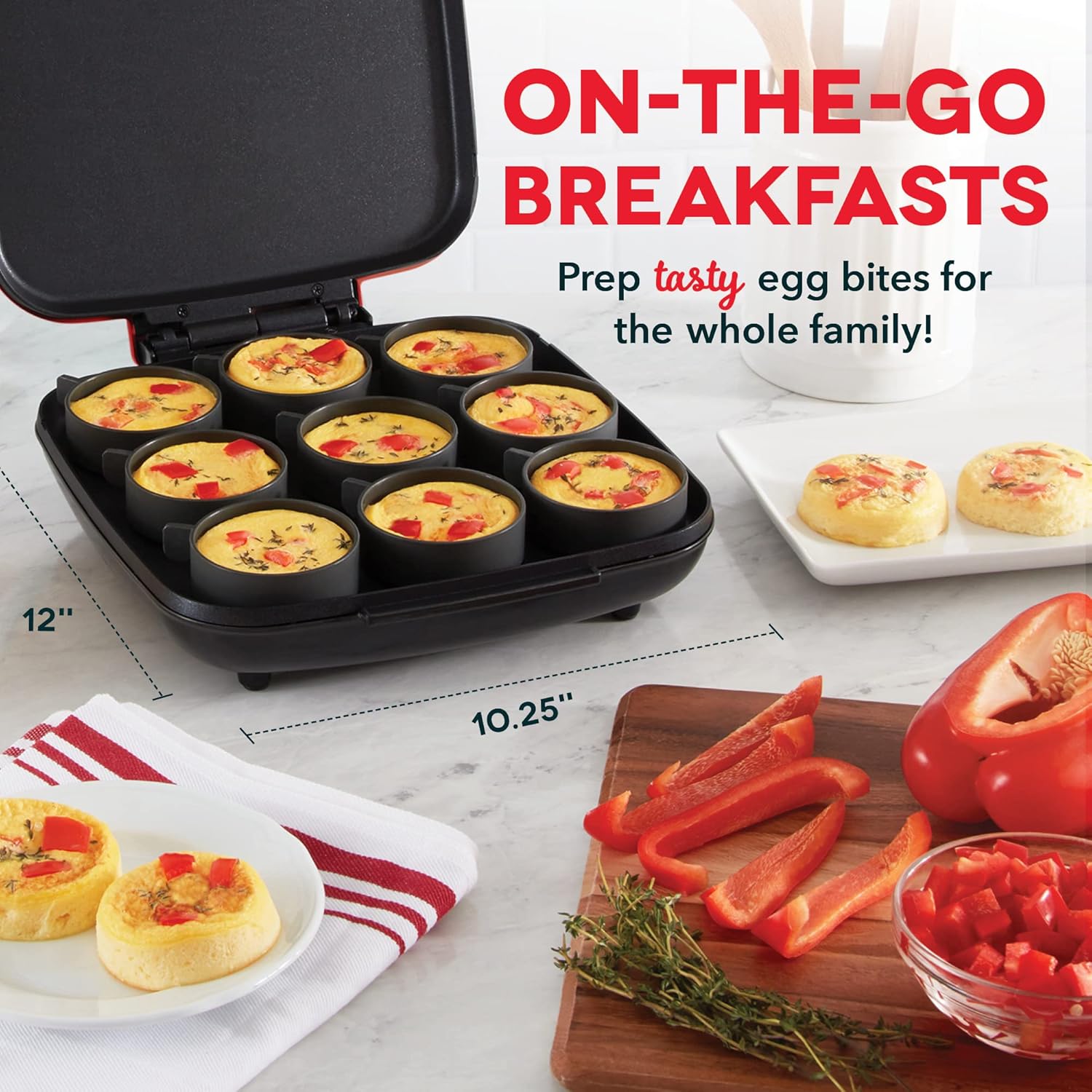 Dash Sous Vide Style Family Size Egg Bite Maker for Breakfast Bites, Sandwiches, Healthy Snacks or Desserts, Keto & Paleo Friendly (9 Servings), Red, 9 Egg Bites1