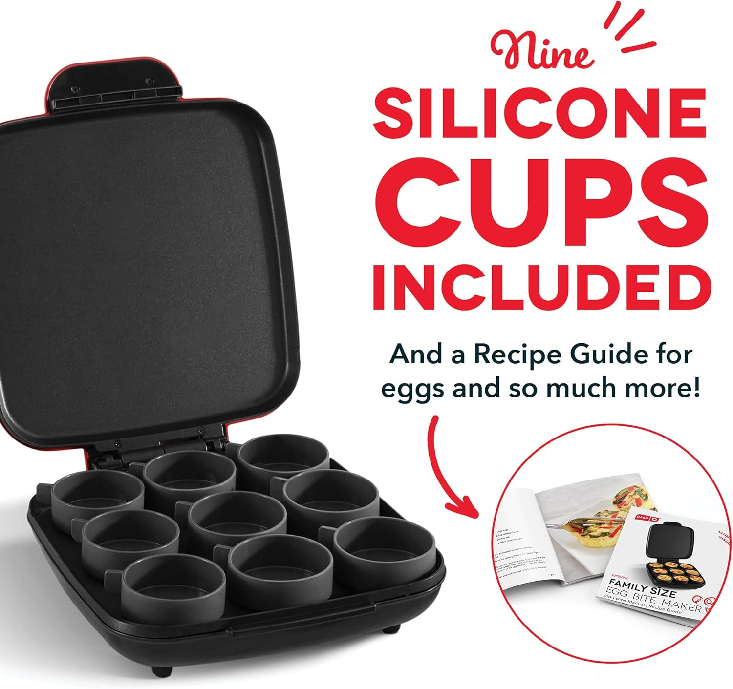 Dash Sous Vide Style Family Size Egg Bite Maker for Breakfast Bites, Sandwiches, Healthy Snacks or Desserts, Keto & Paleo Friendly (9 Servings), Red, 9 Egg Bites11