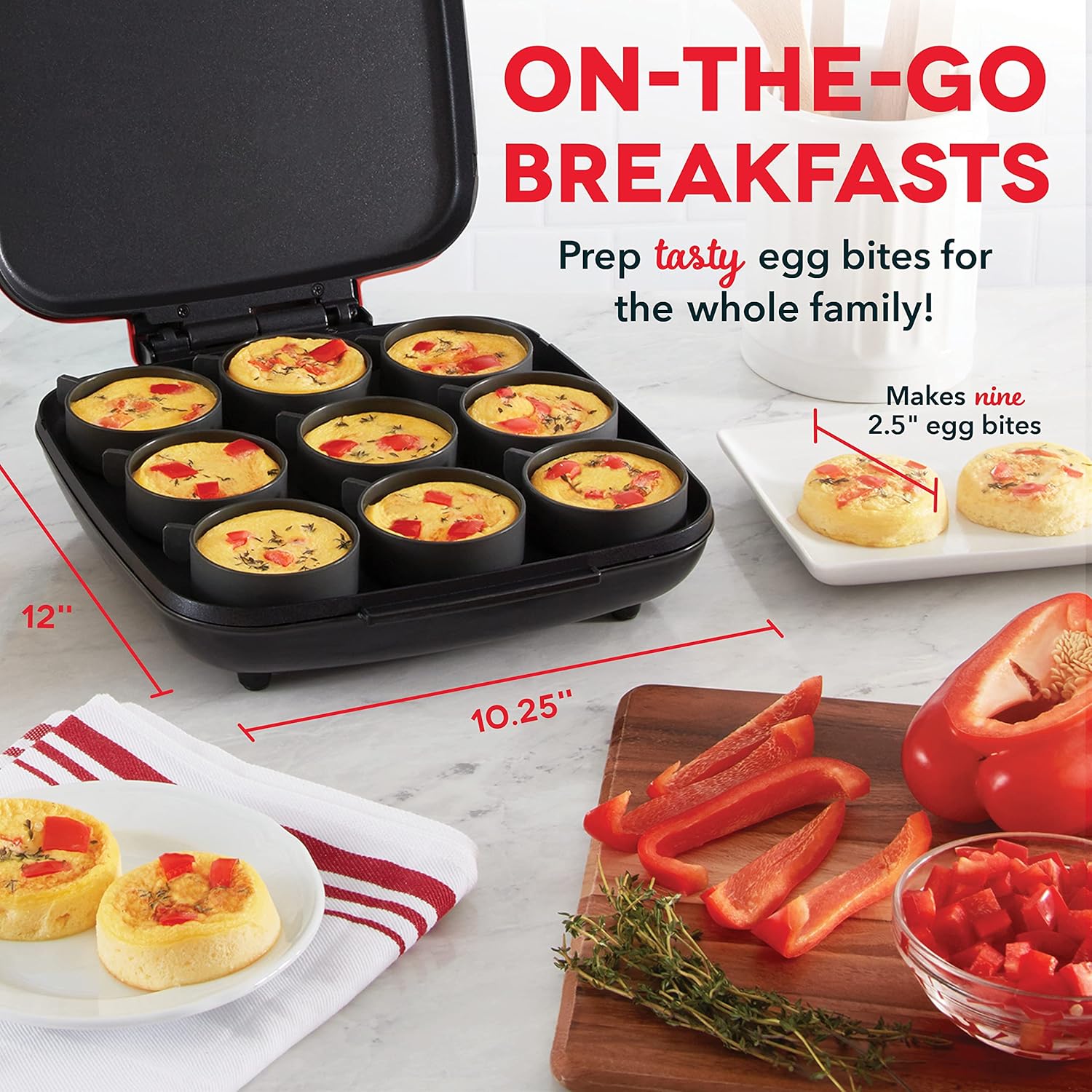 Dash Sous Vide Style Family Size Egg Bite Maker for Breakfast Bites, Sandwiches, Healthy Snacks or Desserts, Keto & Paleo Friendly (9 Servings), Red, 9 Egg Bites3