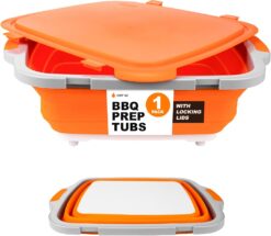 Drip EZ Collapsible BBQ Prep Tub (V2) - For Meal Prep Marinating Food Storage - Includes Cutting Board & Locking Lid - (1) OG - Orange