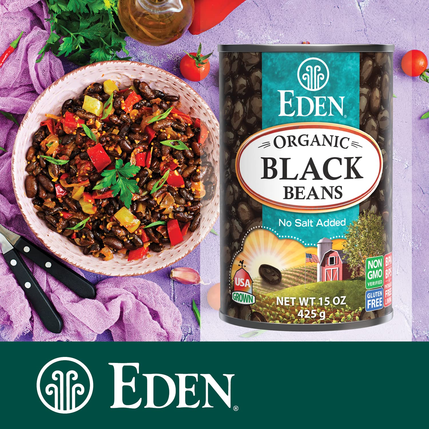 Eden Organic Black Beans, 15 oz Can (12-Pack Case), No Salt Added, Non-GMO, U.S Grown, Heat and Serve, Macrobiotic, Turtle Beans, Frijol Negro, Caviar Criollo8