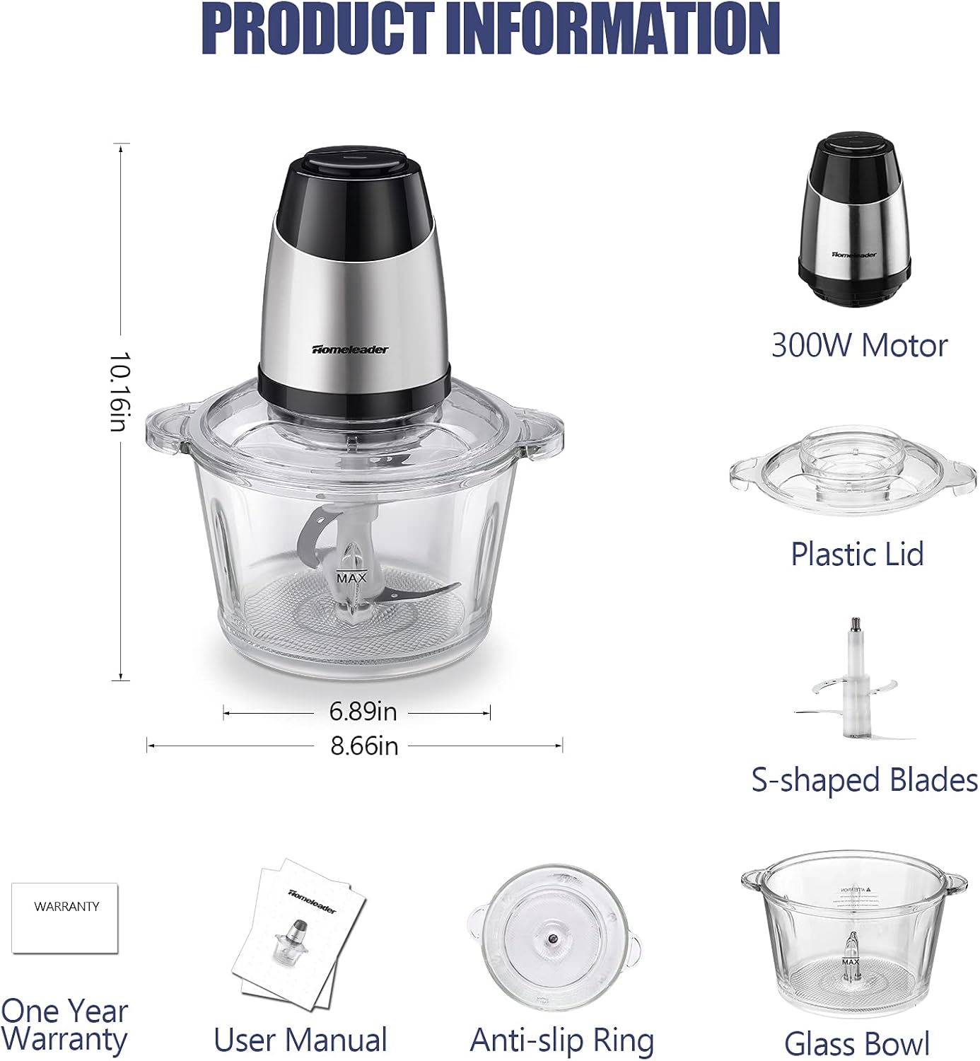 Electric Food Chopper, 8-Cup Food Processor by Homeleader, 2L Glass Bowl Grinder for Meat, Vegetables, Fruits and Nuts, Stainless Steel Motor Unit and 4 Sharp Blades, 300W223