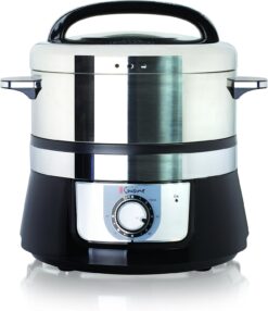 Euro Cuisine FS3200 Electric Food Steamer, Versatile Vegetable Steamer & Steam Cooker for Healthy Cooking, Ideal for Fish, Veggie, Meat, Easy Cleaning, Stainless Steel Design 1200 Watts