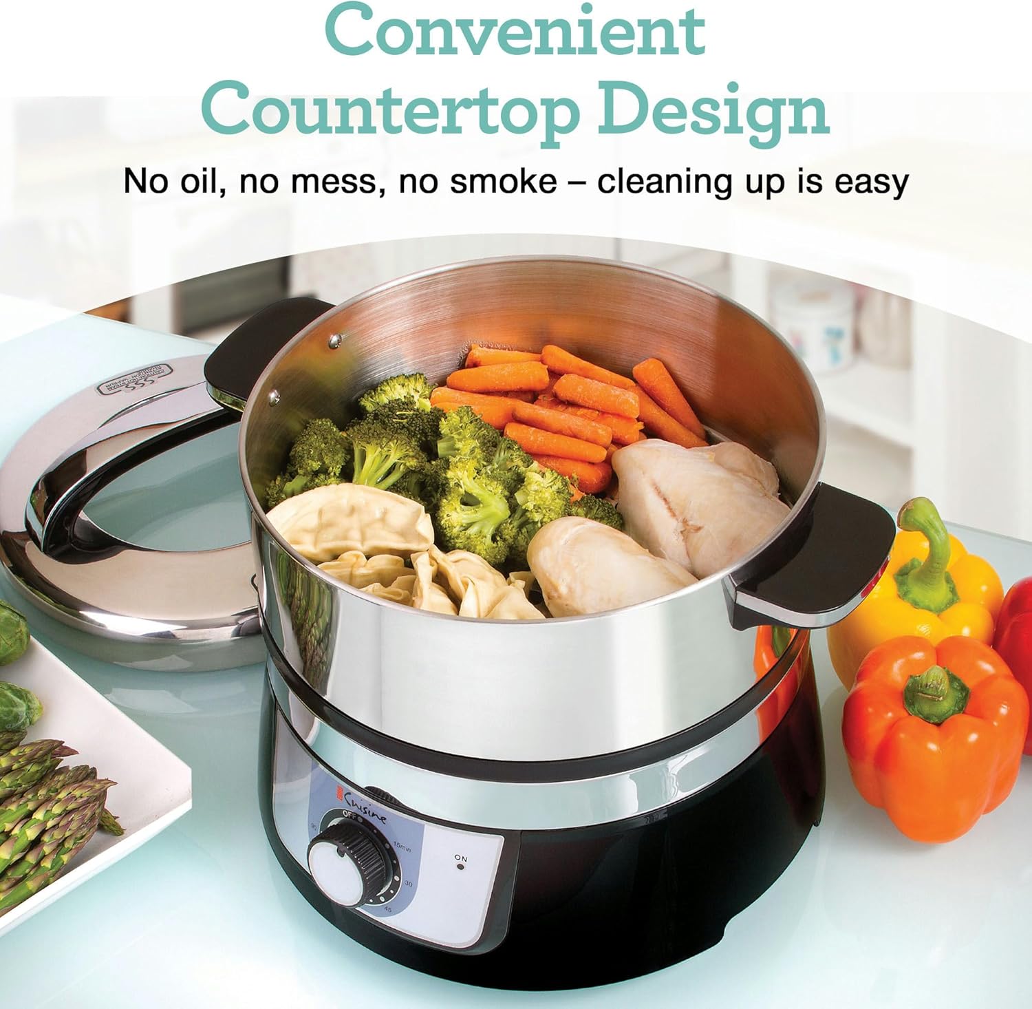 Euro Cuisine FS3200 Electric Food Steamer, Versatile Vegetable Steamer & Steam Cooker for Healthy Cooking, Ideal for Fish, Veggie, Meat, Easy Cleaning, Stainless Steel Design 1200 Watts`