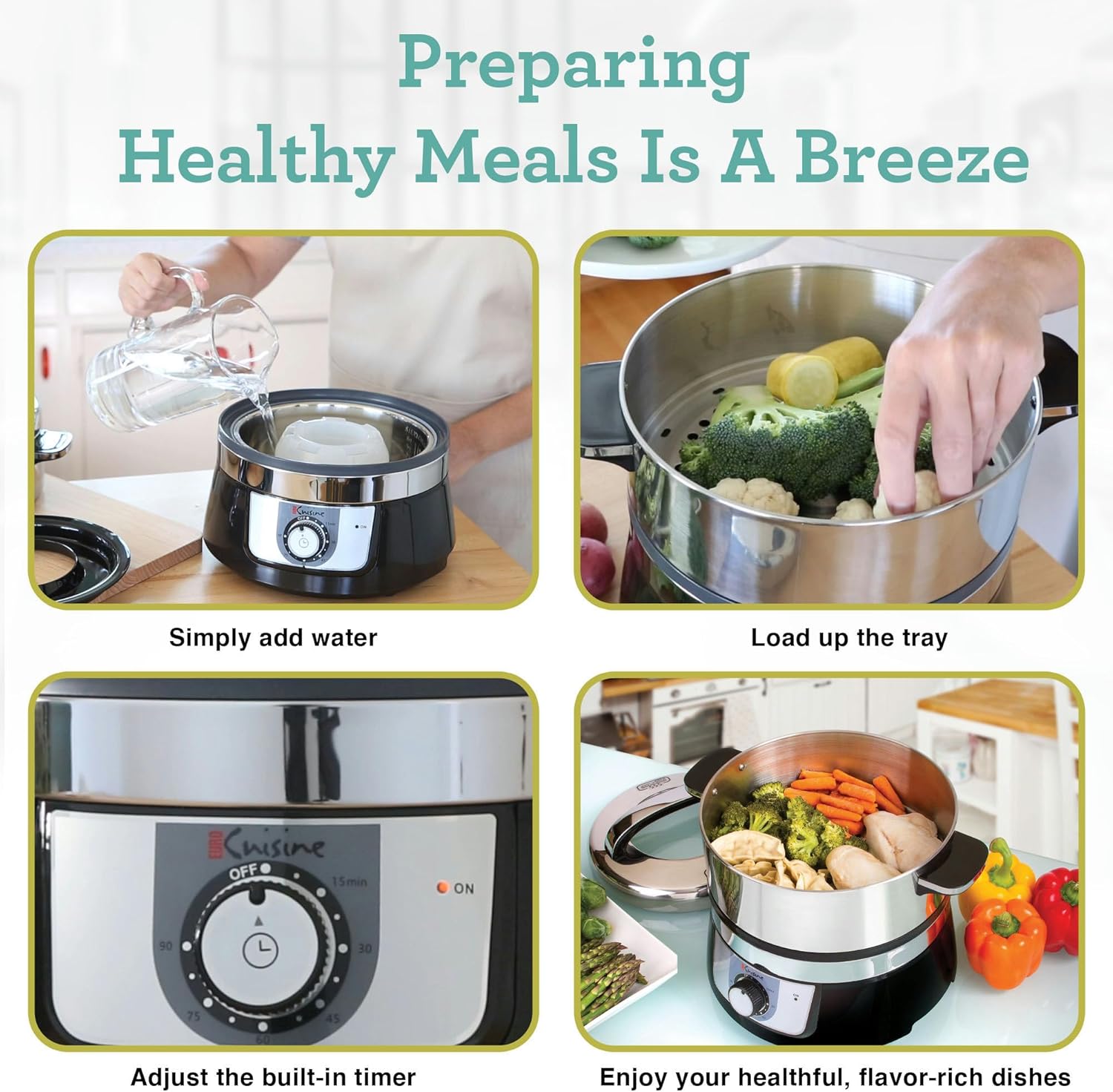 Euro Cuisine FS3200 Electric Food Steamer, Versatile Vegetable Steamer & Steam Cooker for Healthy Cooking, Ideal for Fish, Veggie, Meat, Easy Cleaning, Stainless Steel Design 1200 Watts11